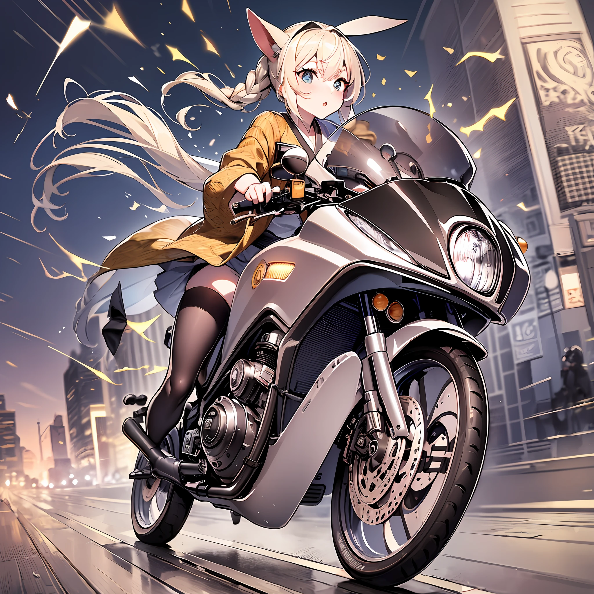 A (speeding) motorcycle the city at high speed,(slow motion:1.3)in,(Motion blur:1.3),(speed lines:1.4),sense of speed, complex and fractal kimono, rabbit ears, thick eyebrows, female brat, small, pigtails, beautiful blonde hair, braids,
Sparks and smoke coming out of tires, Feeling of Speeding, (Masterpiece), ((Best Quality)), (Super Detailed), Full Body Anime Girl, Clean and Detailed Face, High Resolution and Beautiful Eyes, Five Fingers, Textile Shading, Perfect Human Structure, Perfect Anatomy,