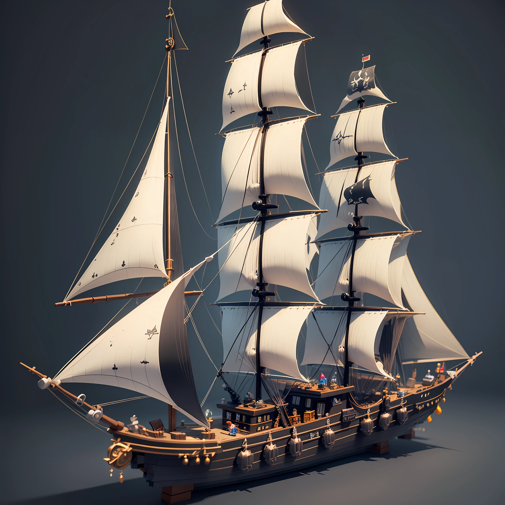 Black Pearl, Physical Sailboat, Pirates of the Caribbean, Lego Style, Black Color, Voxel, Infinite Detail, Unreal Engine, Plain White Background, Front View, C4D, , --auto --s2