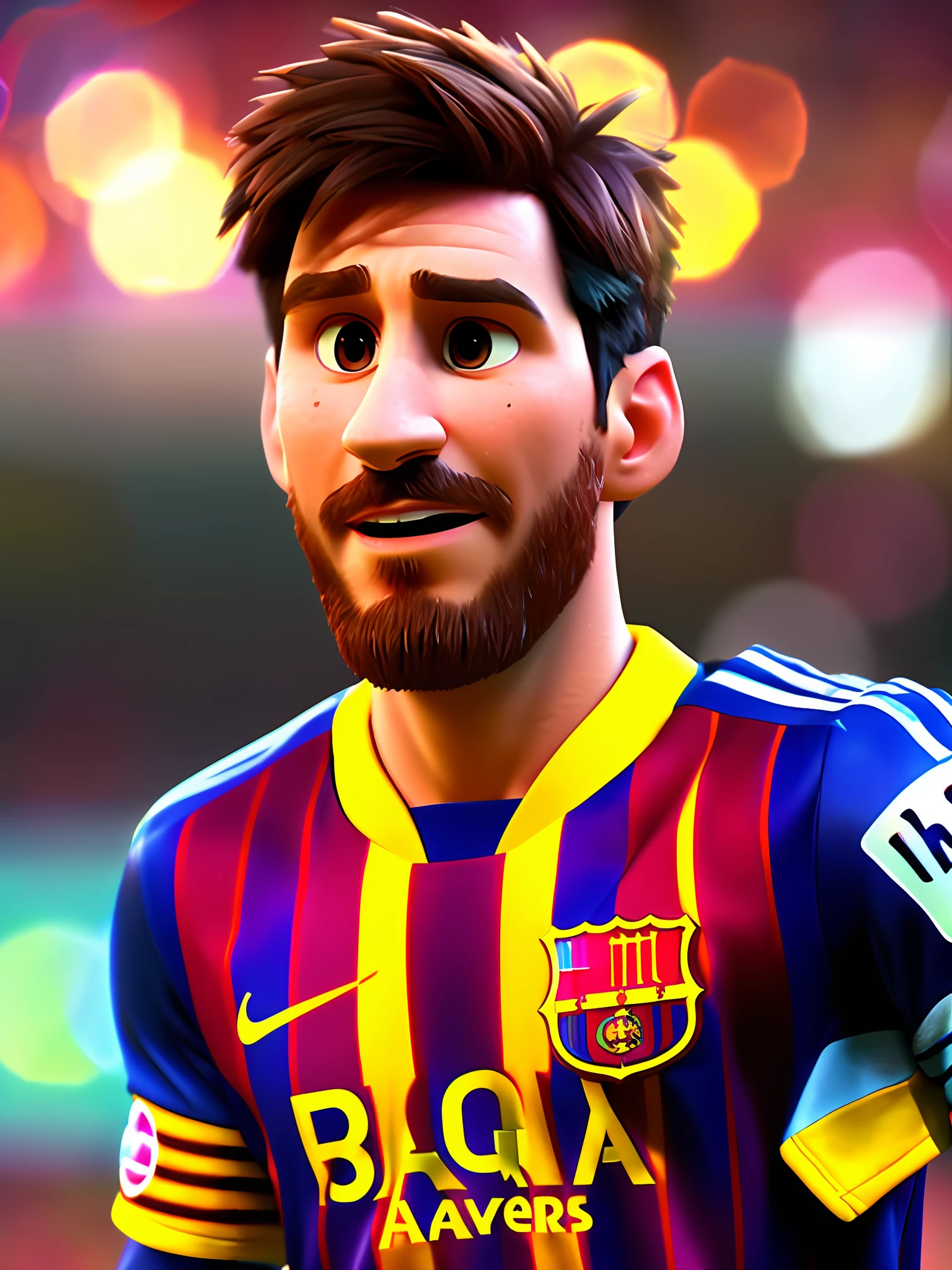 Lionel Messi, (pixar style) (masterpiece:1.2) (bokeh) (best quality) (detailed skin) (detailed texture) (8k) (claymation) (cinematic lighting) (sharp focus