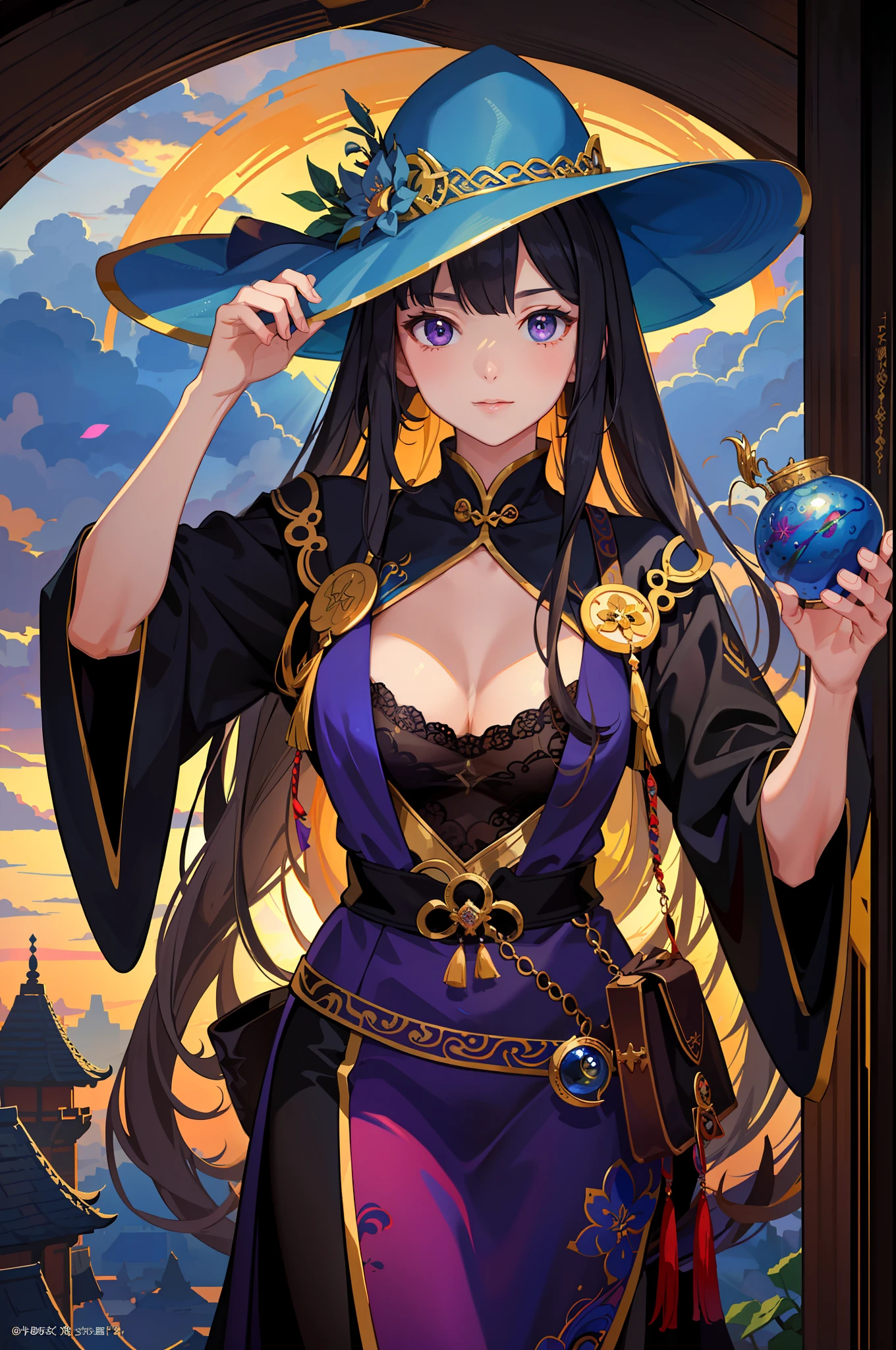 (Masterpiece, Fine and Meticulous Beautiful Eyes: 1.2), ultra-detailed, illustration, a Miao witch of Guizhou, China, a mysterious and mysterious witch in a deep purple robe, eating cucumbers, stands in a world of her own creation, surrounded by a swirling cloud of arcane magic. , detailed background, (realistic: 2), volumetric light, sunlight, rays, sky, clouds,