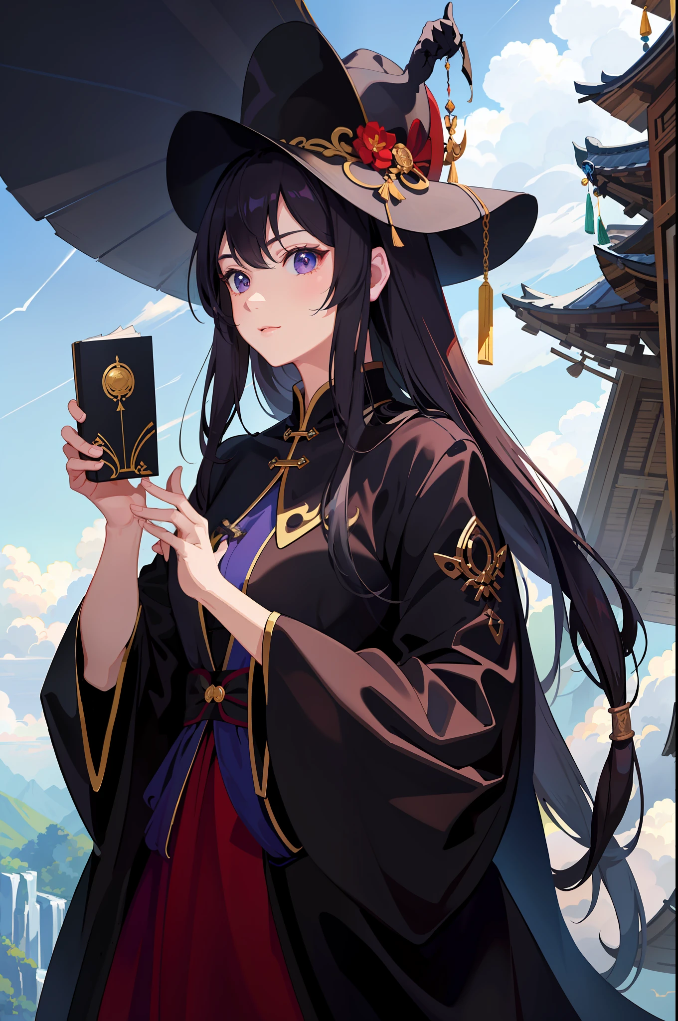 (Masterpiece, Fine and Meticulous Beautiful Eyes: 1.2), ultra-detailed, illustration, a Miao witch of Guizhou, China, a mysterious and mysterious witch in a deep purple robe, eating cucumbers, stands in a world of her own creation, surrounded by a swirling cloud of arcane magic. , detailed background, (realistic: 2), volumetric light, sunlight, rays, sky, clouds,