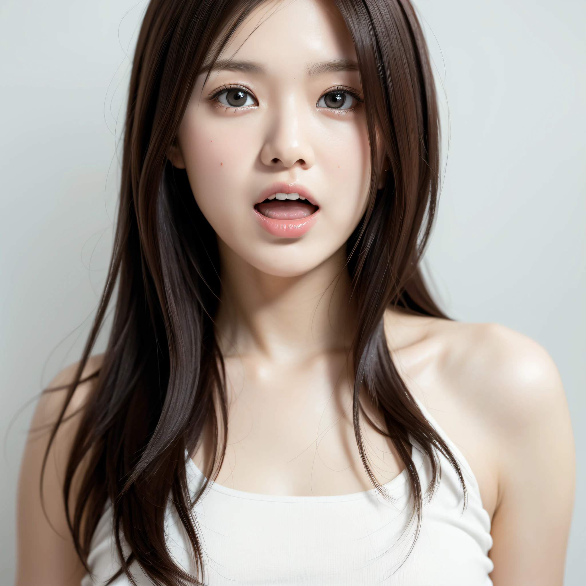 8K, Depth of Field, Upper Body, Slender, Surprised, Open Mouth, Beautiful Detail Eyes, 22 years old Japan Cute, Casual, White Background, Looking at Camera, 35mm Lens, f/1.8