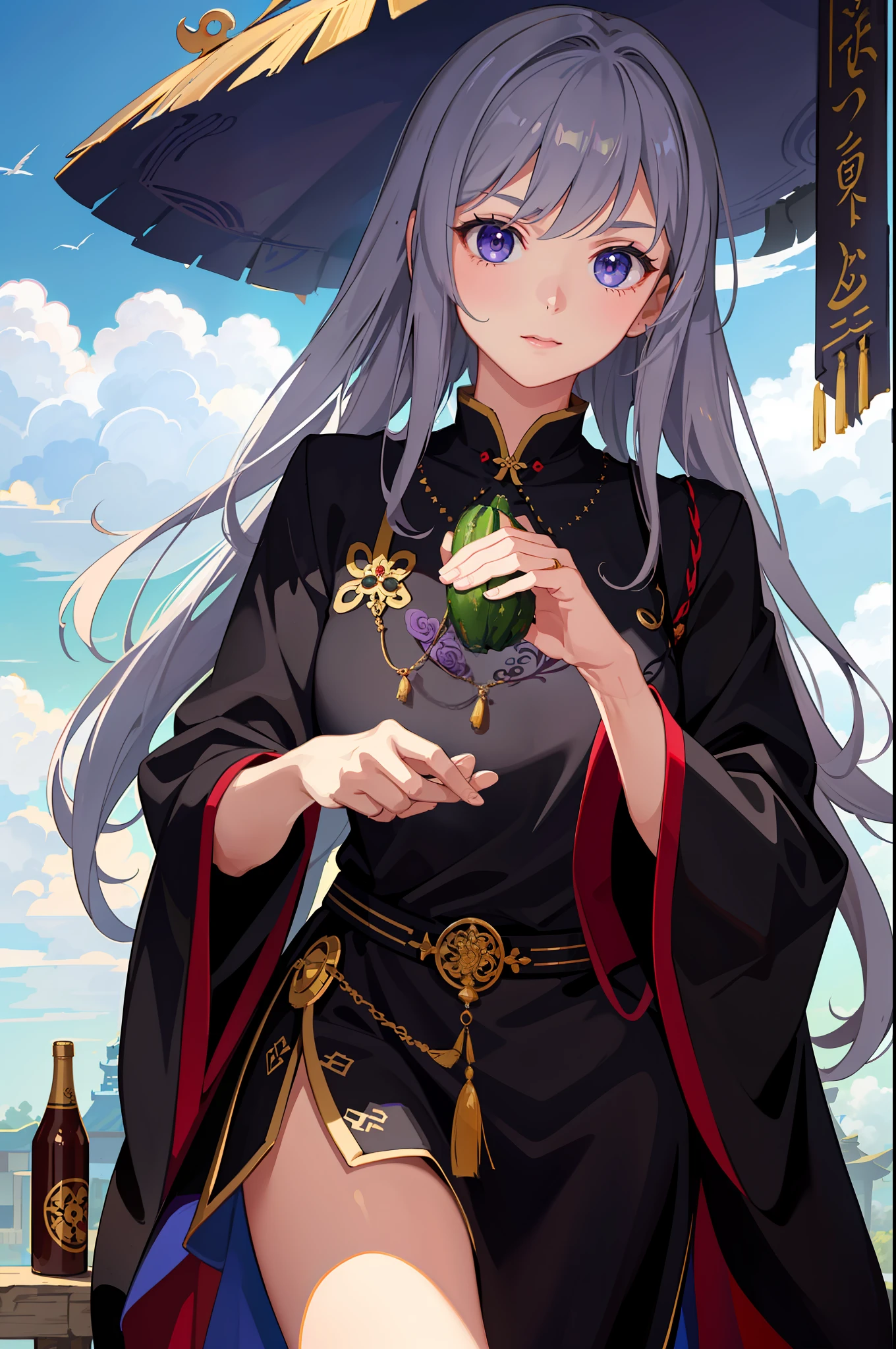 (Masterpiece, Fine and Meticulous Beautiful Eyes: 1.2), ultra-detailed, illustration, a Miao witch of Guizhou, China, a mysterious and mysterious witch in a deep purple robe, eating cucumbers, stands in a world of her own creation, surrounded by a swirling cloud of arcane magic. , detailed background, (realistic: 2), volumetric light, sunlight, rays, sky, clouds,