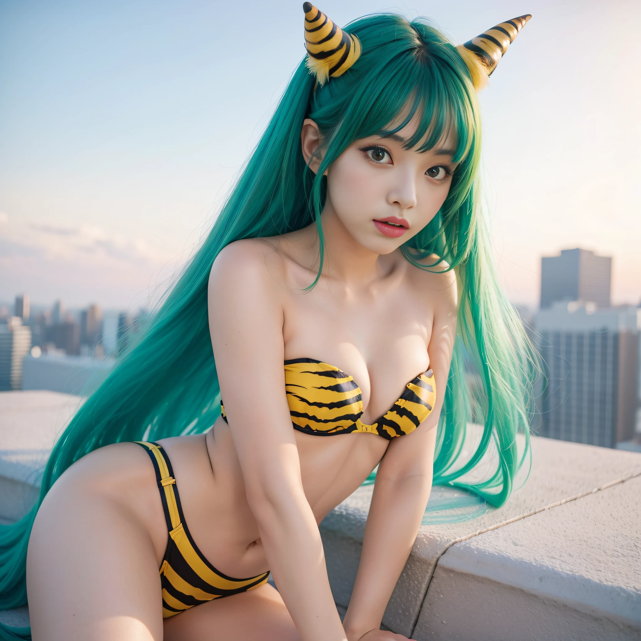 8k photo, f/1.8, ultra-realistic, cannon, high-definition, ultra-realistic, cute idol, ((beautiful woman who looks like Lum from Urusei Yatsura)), ((black and yellow tiger print strapless bra)) , ((two small unicorn horns 1 inch long on each side of head))), below knee tiger print boots, slender body, beautiful  girl, pointy ears, green hair parts, long hair, roof upon,