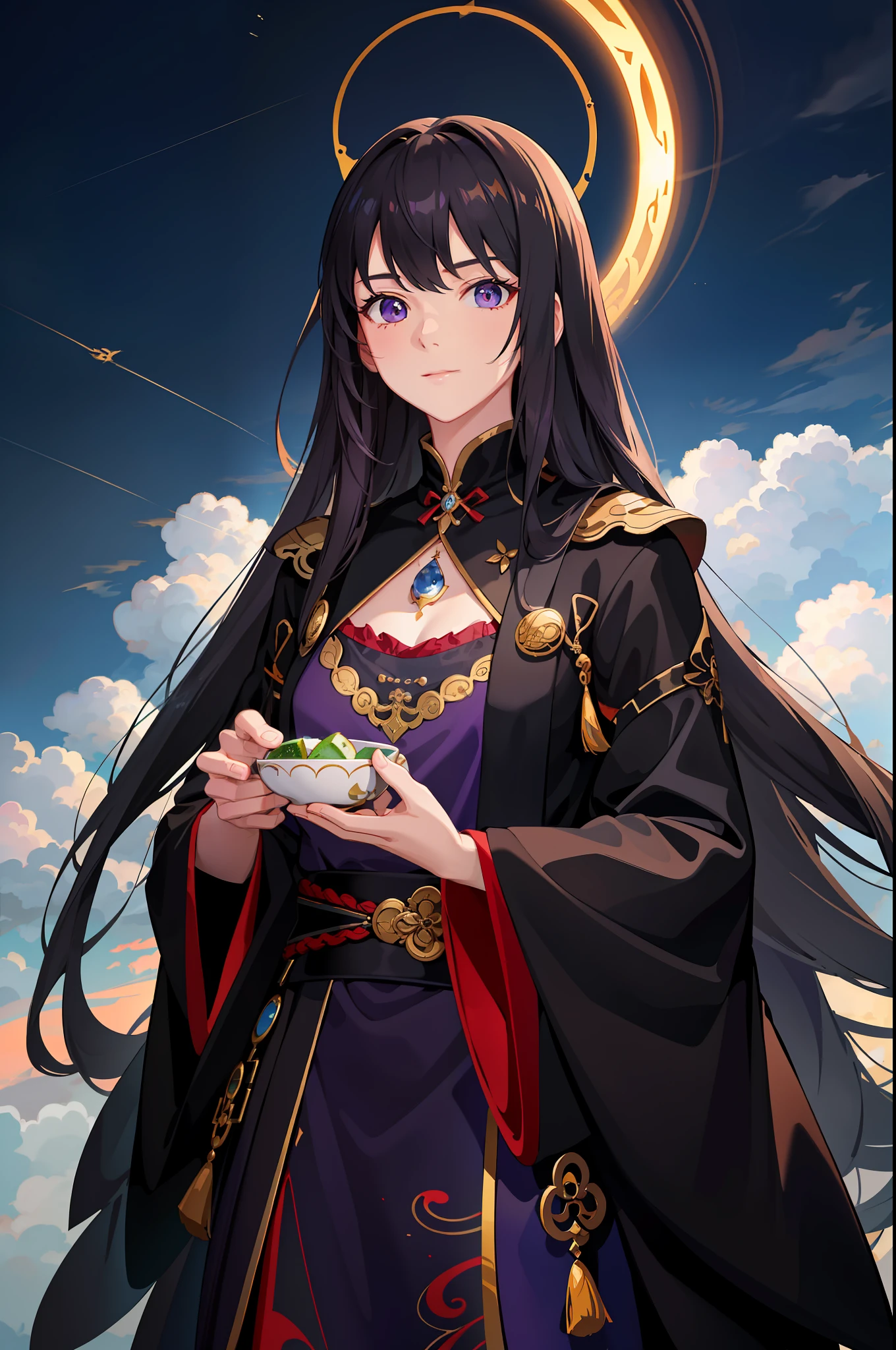 (Masterpiece, Fine and Meticulous Beautiful Eyes: 1.2), ultra-detailed, illustration, a Miao witch of Guizhou, China, a mysterious and mysterious witch in a deep purple robe, eating cucumbers, stands in a world of her own creation, surrounded by a swirling cloud of arcane magic. , detailed background, (realistic: 2), volumetric light, sunlight, rays, sky, clouds,