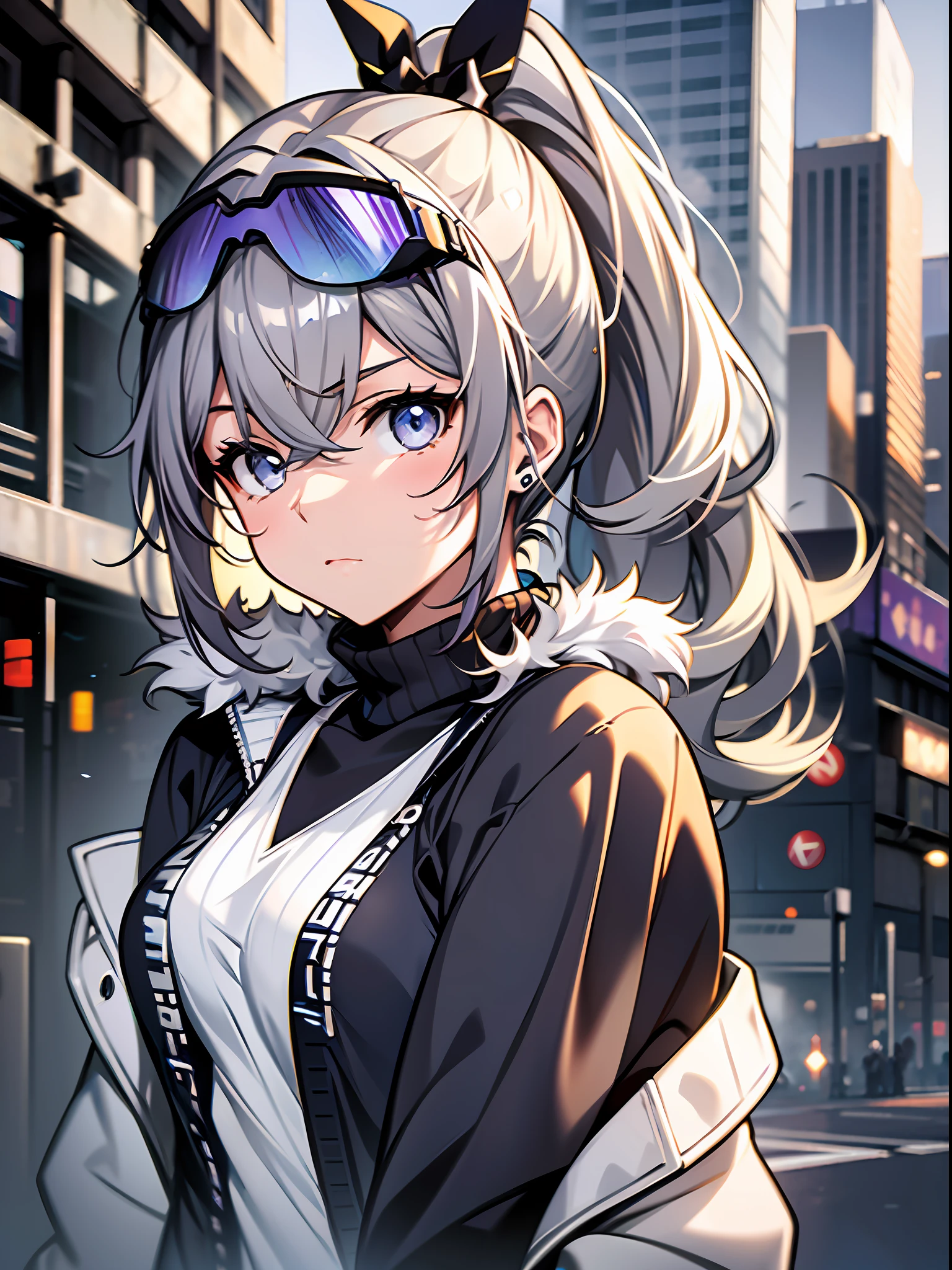 Exquisite masterpiece, best quality, illustration style, an anime girl with a curly ponytail, bangs pinned black hairpin, gray beautiful eyes, white sweater, blue-purple gradient goggles, small, heartwarming, youthful and beautiful, gray hair, showing a natural casual style. Dynamic posture contains the golden section, large aperture portrait, white space, strong contrast between light and shadow, super texture, super clear and simple picture, presenting extreme beauty, elegant temperament, exquisite facial expressions, sunrise, street photography,