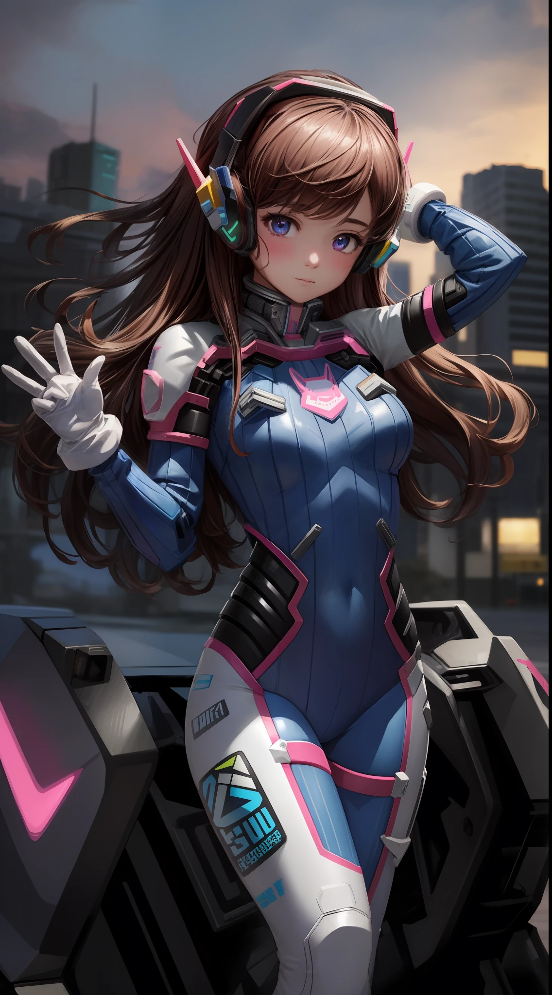 Masterpiece, Best Quality, High Resolution, 1Girl, Ultra High Resolution, Solo, Mecha Pilot, D.VA, Headphones, Pink Eyes, Cat Face Adornament, Blue Tights, Brown Hair, White Gloves,