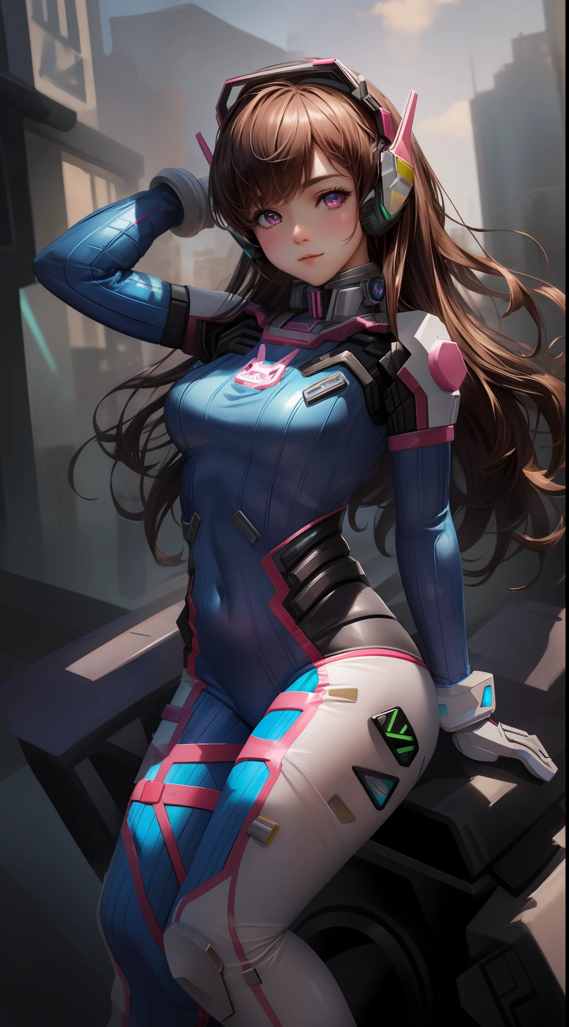Masterpiece, Best Quality, High Resolution, 1Girl, Ultra High Resolution, Solo, Mecha Pilot, D.VA, Headphones, Pink Eyes, Cat Face Adornament, Blue Tights, Brown Hair, White Gloves,