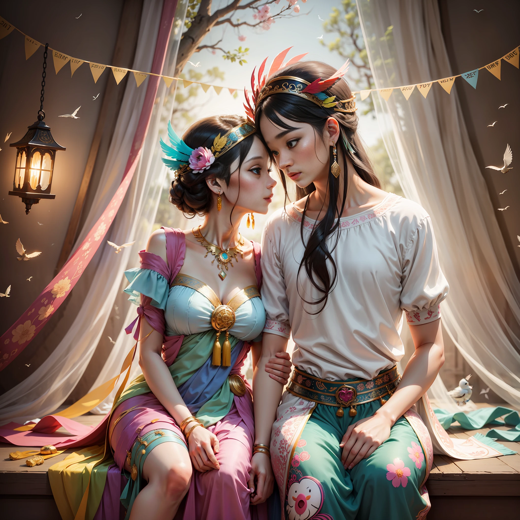 A couple of lovers, young, cute, colorful headdress, delicate, surrounded by birds, blind box style, romantic atmosphere, real scene, full body scene, clear details,-- ar 9:16 --auto --s2