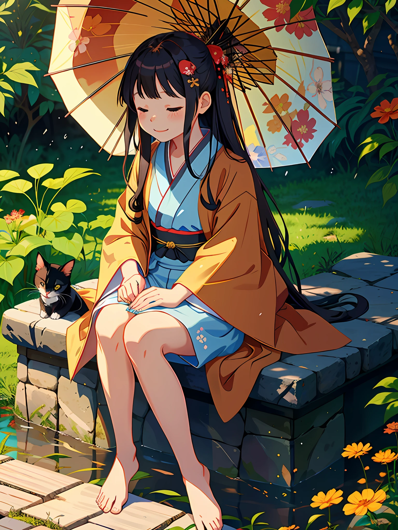1girl, japanese clothes, brown hair, kimono, closed eyes, cat, umbrella, long hair, hair ornament, smile, sitting, yukata, oil-paper umbrella
