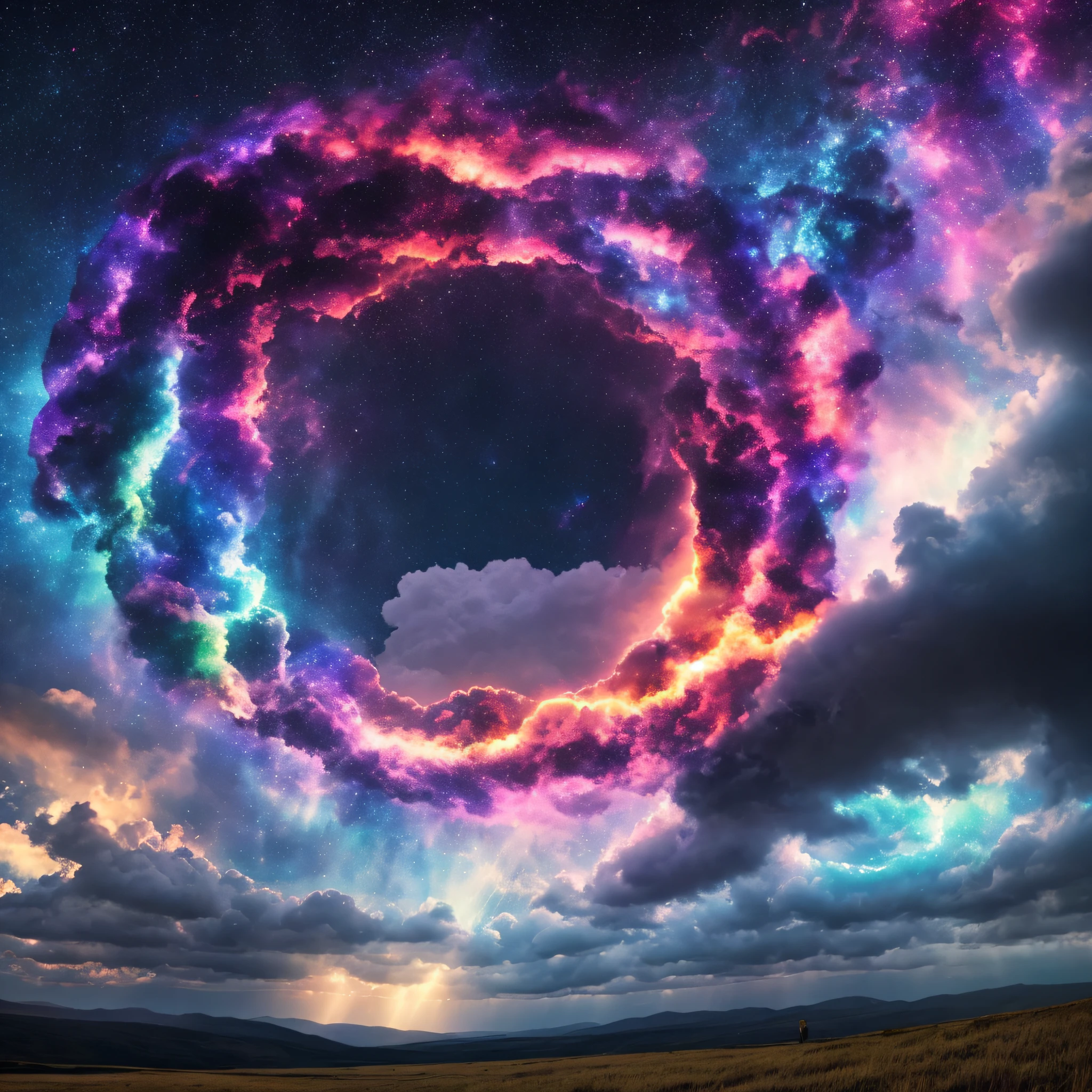 Photograph a mystical portal opening in the middle of a stormy sky with vibrant colors and celestial beams spreading through it. --auto --s2