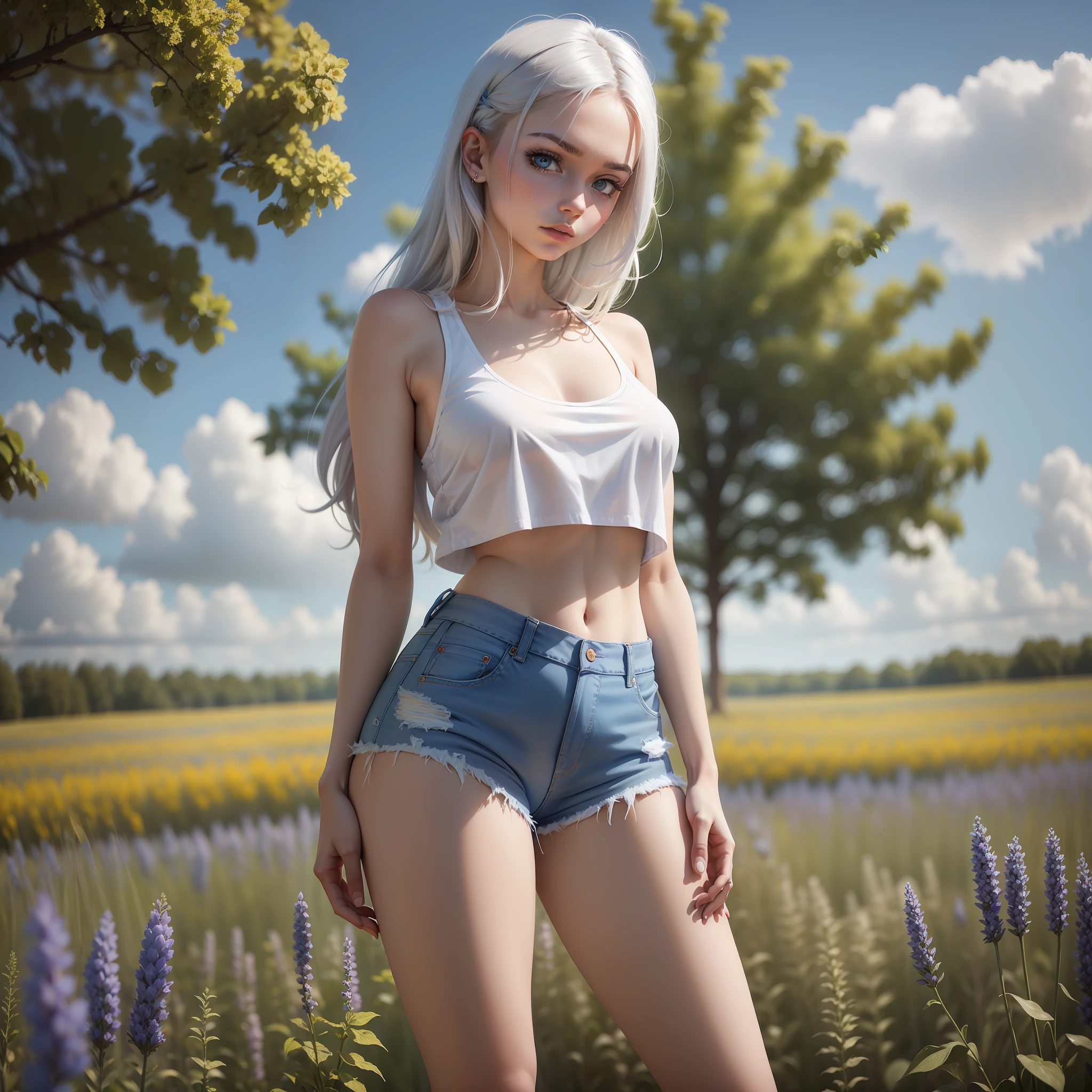 araffes in a white tank top and blue jeans posing in a field, anna nikonova aka newmilky, photo of slim girl model, skinny waist and thick hips, photo of slim girl, 18 years old, russian girlfriend, good young girl, tight outfit, young and cute girl, casual pose, dasha taran, ekaterina
