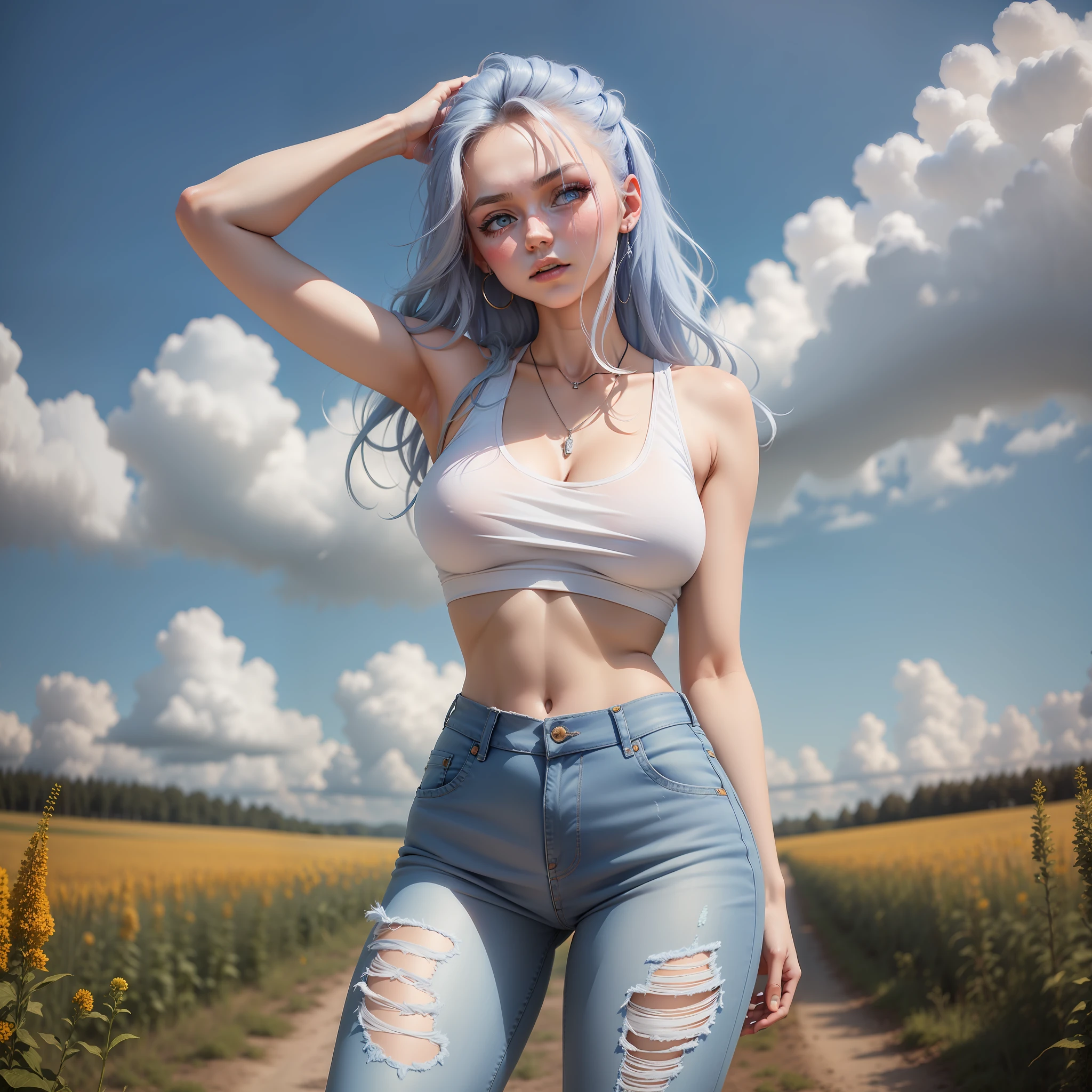 araffes in a white tank top and blue jeans posing in a field, anna nikonova aka newmilky, photo of slim girl model, skinny waist and thick hips, photo of slim girl, 18 years old, russian girlfriend, good young girl, tight outfit, young and cute girl, casual pose, dasha taran, ekaterina