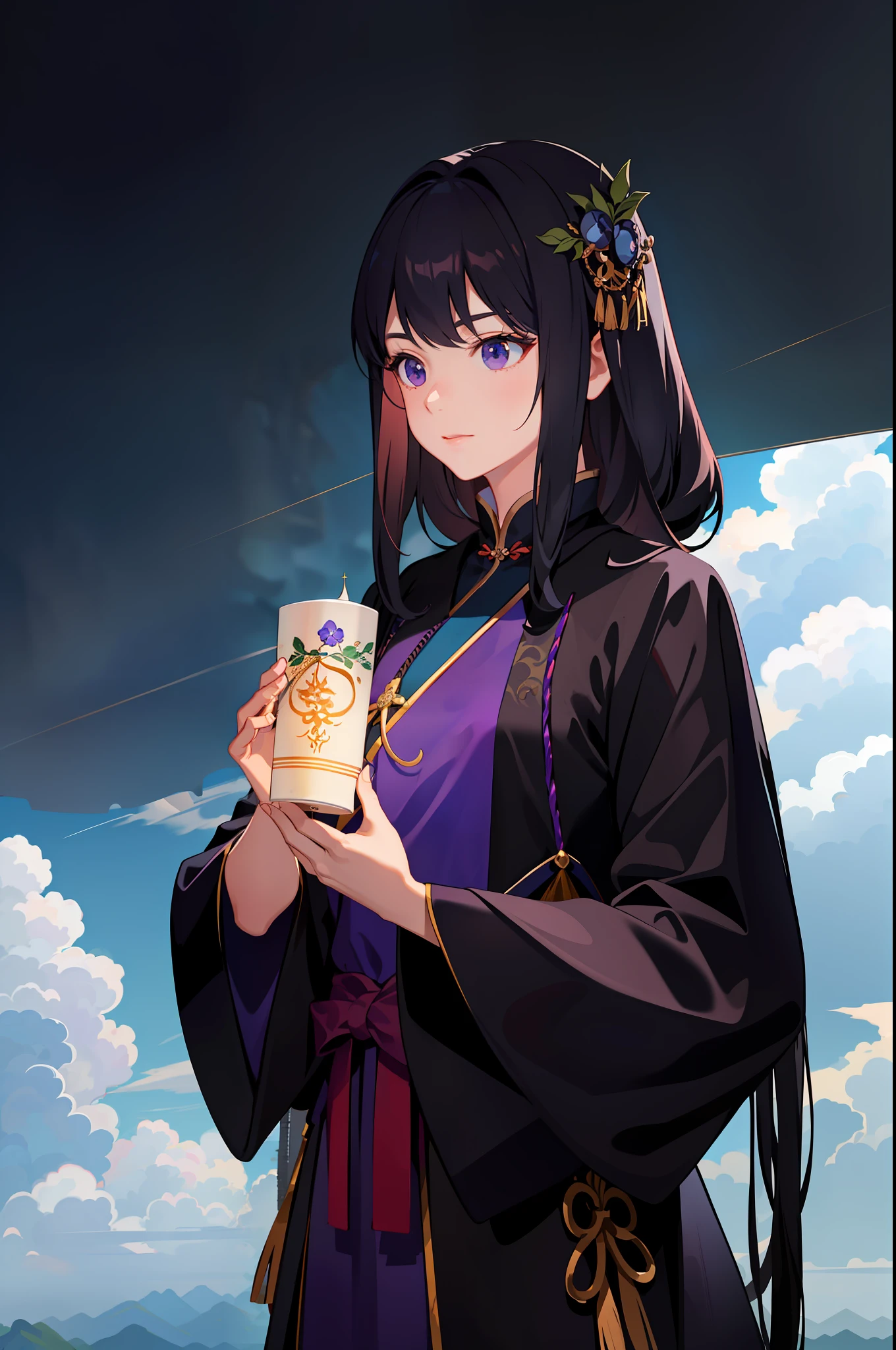(Masterpiece, Fine and Meticulous Beautiful Eyes: 1.2), ultra-detailed, illustration, a Miao witch of Guizhou, China, a mysterious and mysterious witch in a deep purple robe, eating cucumbers, stands in a world of her own creation, surrounded by a swirling cloud of arcane magic. , detailed background, (realistic: 2), volumetric light, sunlight, rays, sky, clouds,