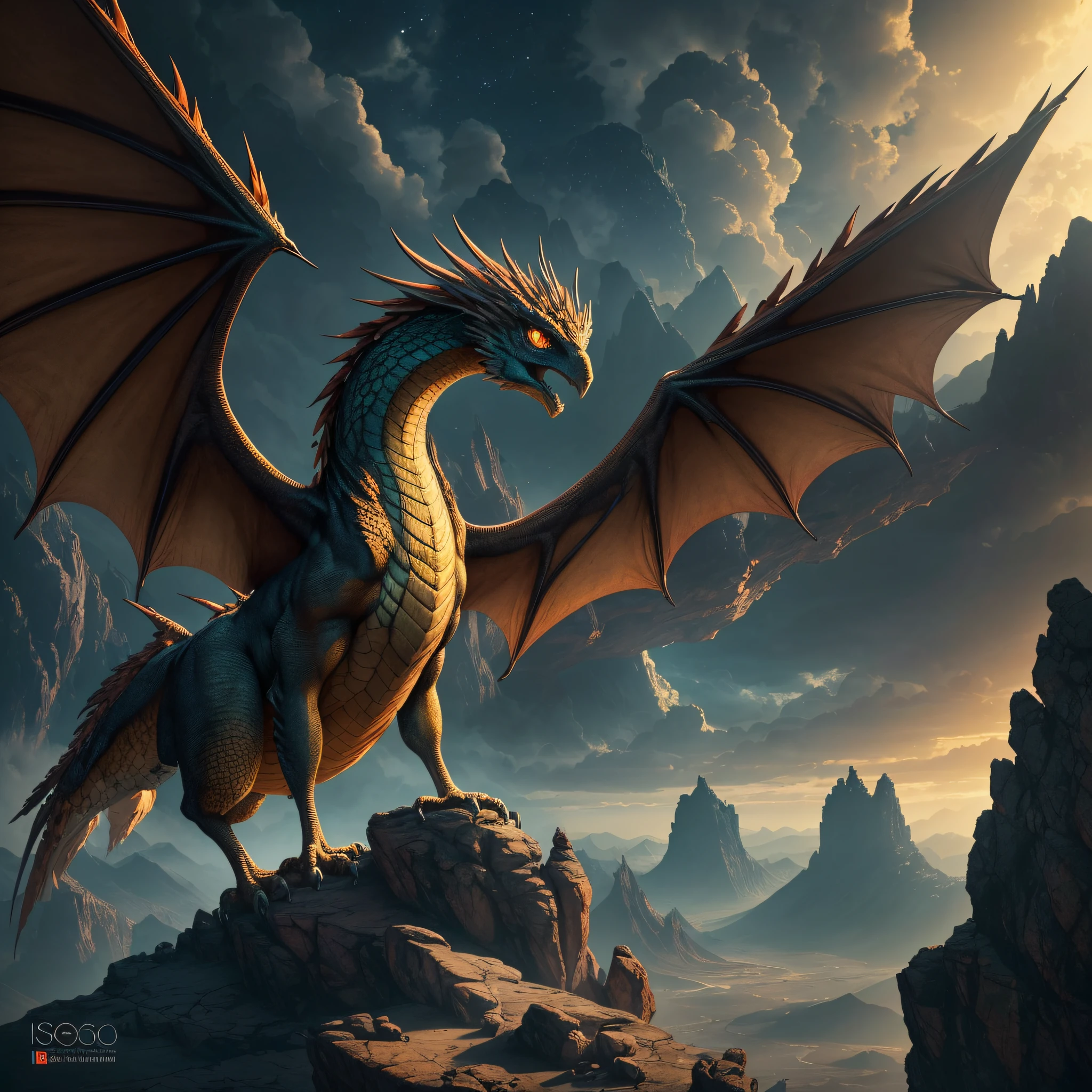 Photograph an otherworldly scene at the top of a high mountain in a desolate wasteland. A creature resembling a hybrid between a bird and a dragon must be perched on an enormous rock formation, with its wings spread wide and it's eyes peering deep into the valley below. The creature's skin shines like gold, making it truly captivating. The image must highlight the scale of the creature and immerse the viewer into that world. The artwork should follow the principles of the Rule of Thirds, employing unique lighting techniques and color schemes in a cinematic way. --auto --s2