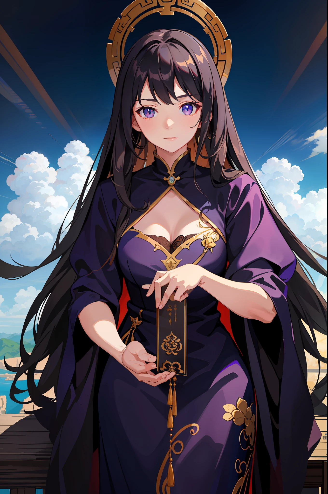 (Masterpiece, Fine and Meticulous Beautiful Eyes: 1.2), ultra-detailed, illustration, a Miao witch of Guizhou, China, a mysterious and mysterious witch in a deep purple robe, eating cucumbers, stands in a world of her own creation, surrounded by a swirling cloud of arcane magic. , detailed background, (realistic: 2), volumetric light, sunlight, rays, sky, clouds,