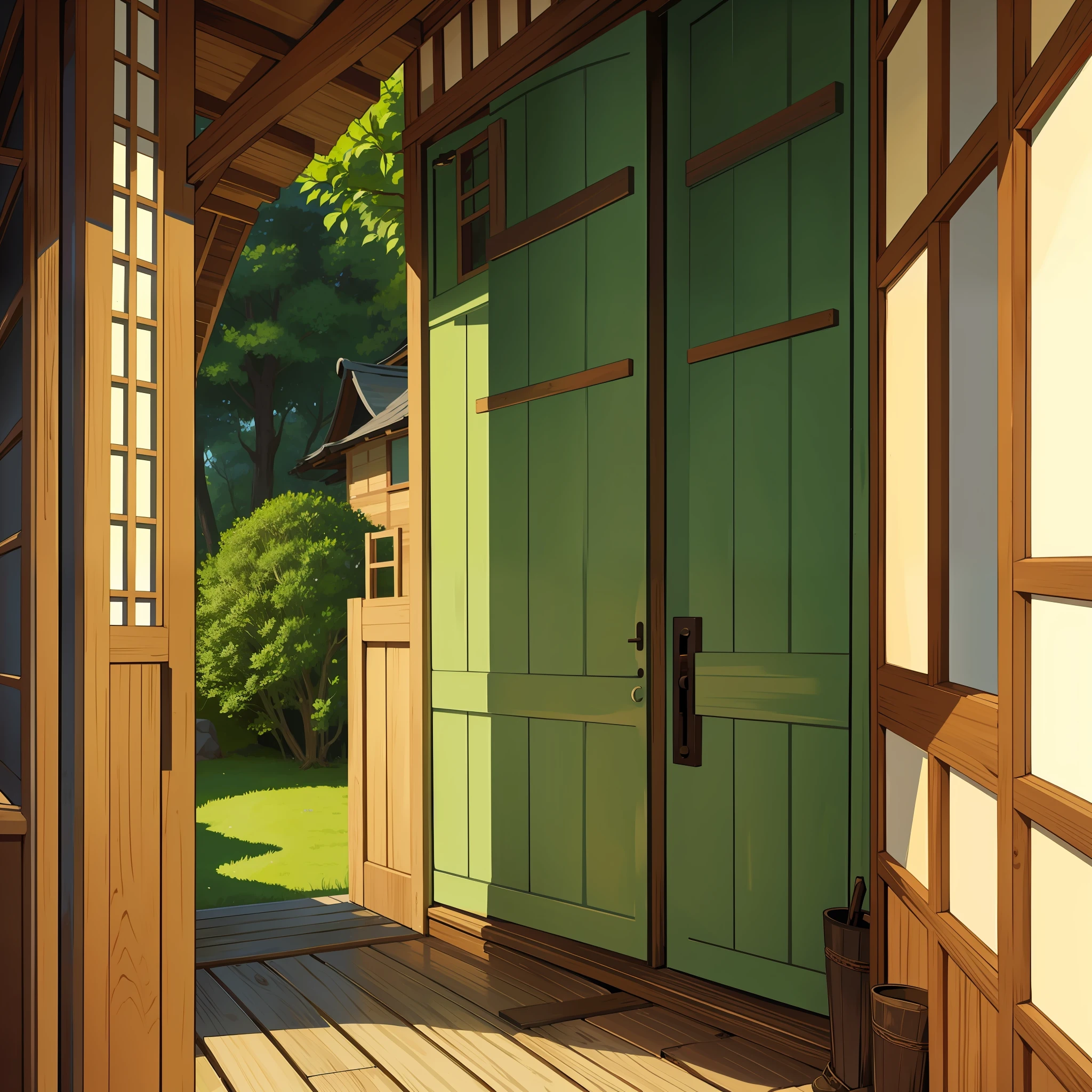 Wooden door, Ghibli style illustration,