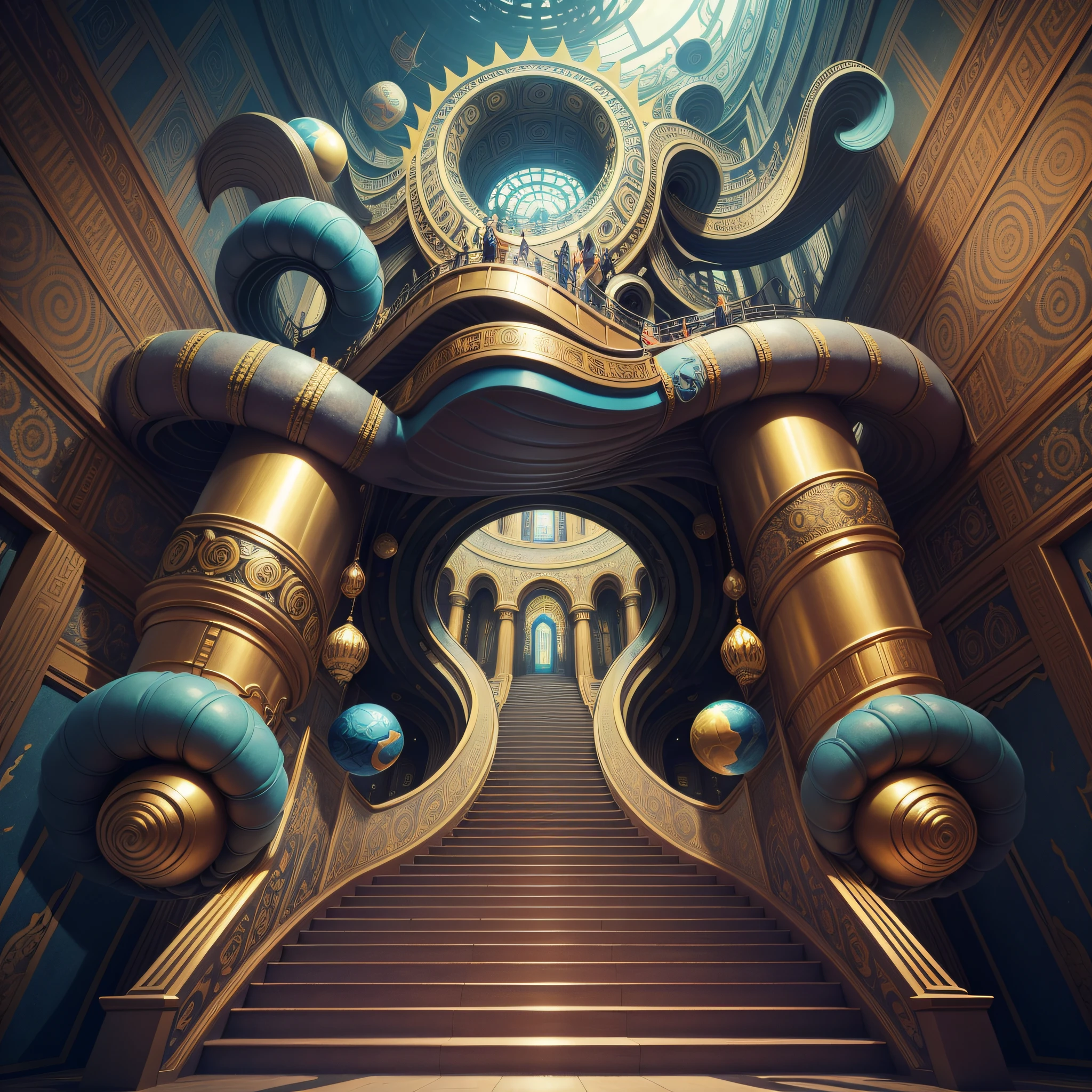 Create a surreal and vibrant work of art from a temple that serves as a gateway to a parallel dimension. The temple should have a façade that looks like a giant open-mouthed monster made of gold and jewelry that swallows visitors whole. Inside, the temple is an endless labyrinth of passages, staircases and rooms filled with strange and captivating worlds that the visitor must navigate to escape. The style should be inspired by the movement of surrealism, with bright and contrasting colors and fluid shapes that defy logic and gravity
