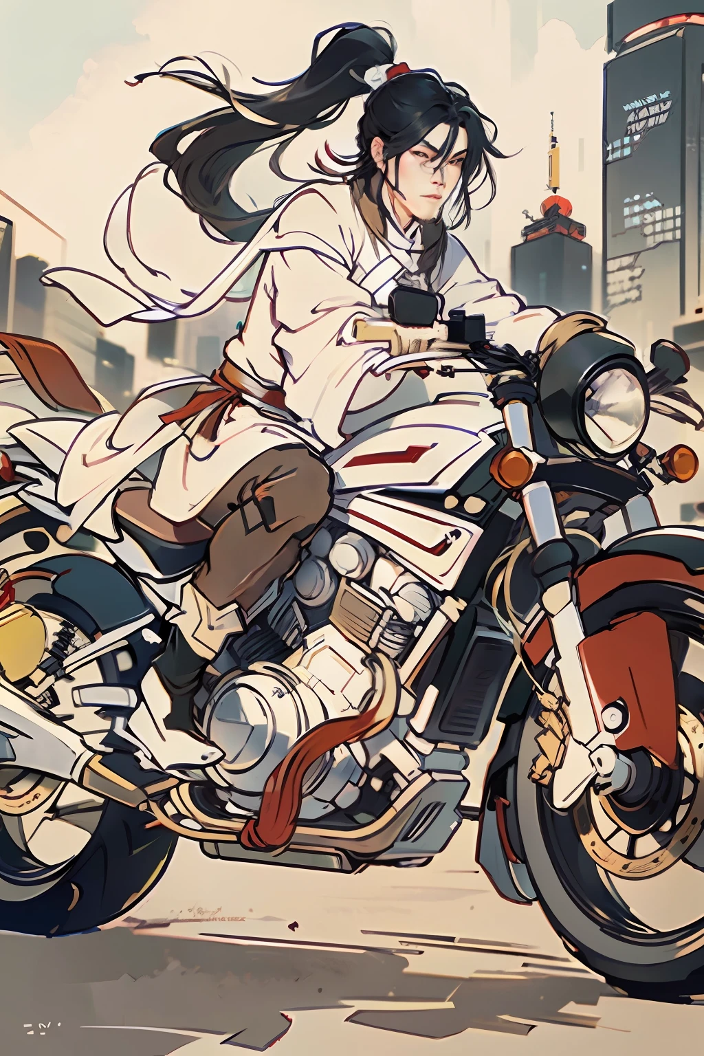 Comic book style, HD quality, full body, perfect face, (eyes), Chinese man, handsome face, long black hair, high ponytail, wearing white armor, white clothes, holding a red tasseled gun, Riding a white motorcycle, motorcycle, cyberpunk