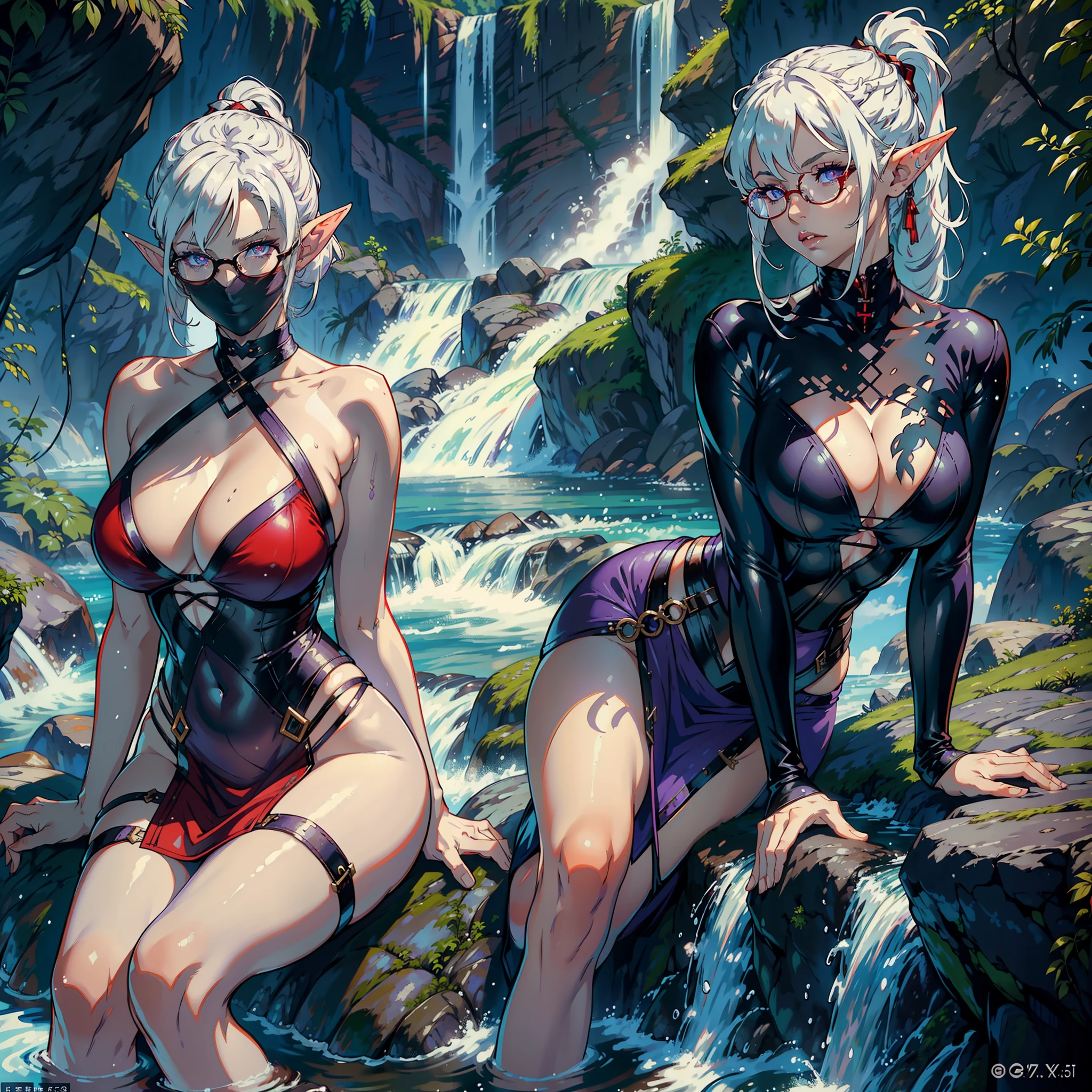 ((realistic: 1.5)),((best quality)), ((masterpiece)),((detailed)), woman, white hair, ponytail, elf ears, red pupils, large breasts, eyeglasses, purple dress, large thighs, curves, mature face, sexy, sitting in waterfall on top of a rock