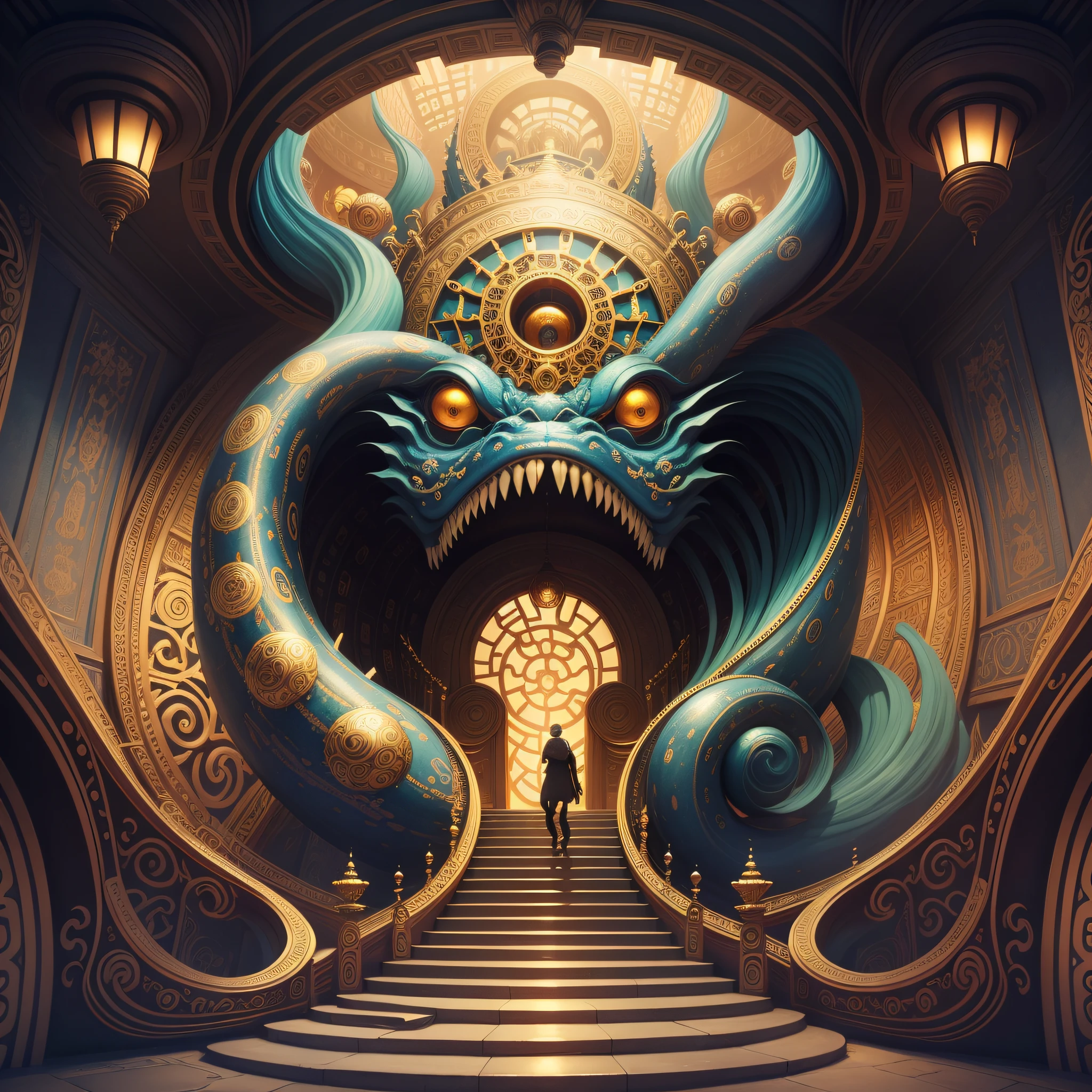 Create a surreal and vibrant work of art from a temple that serves as a gateway to a parallel dimension. The temple should have a façade that looks like a giant open-mouthed monster made of gold and jewelry that swallows visitors whole. Inside, the temple is an endless labyrinth of passages, staircases and rooms filled with strange and captivating worlds that the visitor must navigate to escape. The style should be inspired by the movement of surrealism, with bright and contrasting colors and fluid shapes that defy logic and gravity