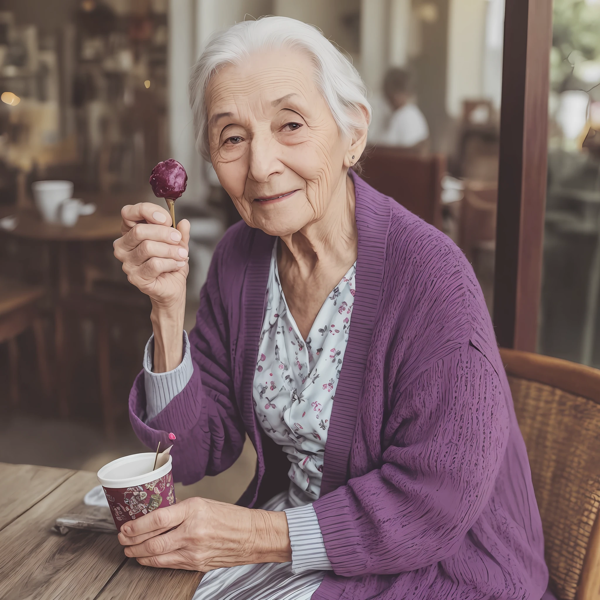 An elderly woman with a serene expression modestly dressed in a cardigan and clothes suitable for her age eats a black cherry-flavored ice cream --auto --s2