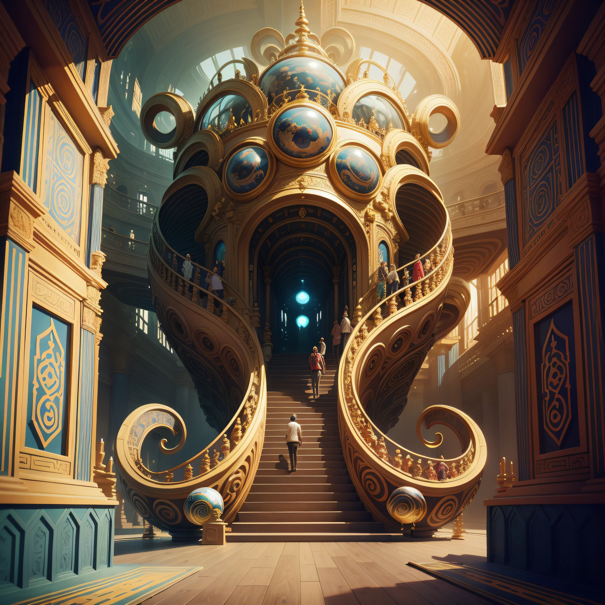 Create a surreal and vibrant work of art from a temple that serves as a gateway to a parallel dimension. The temple should have a façade that looks like a giant open-mouthed monster made of gold and jewelry that swallows visitors whole. Inside, the temple is an endless labyrinth of passages, staircases and rooms filled with strange and captivating worlds that the visitor must navigate to escape. The style should be inspired by the movement of surrealism, with bright and contrasting colors and fluid shapes that defy logic and gravity