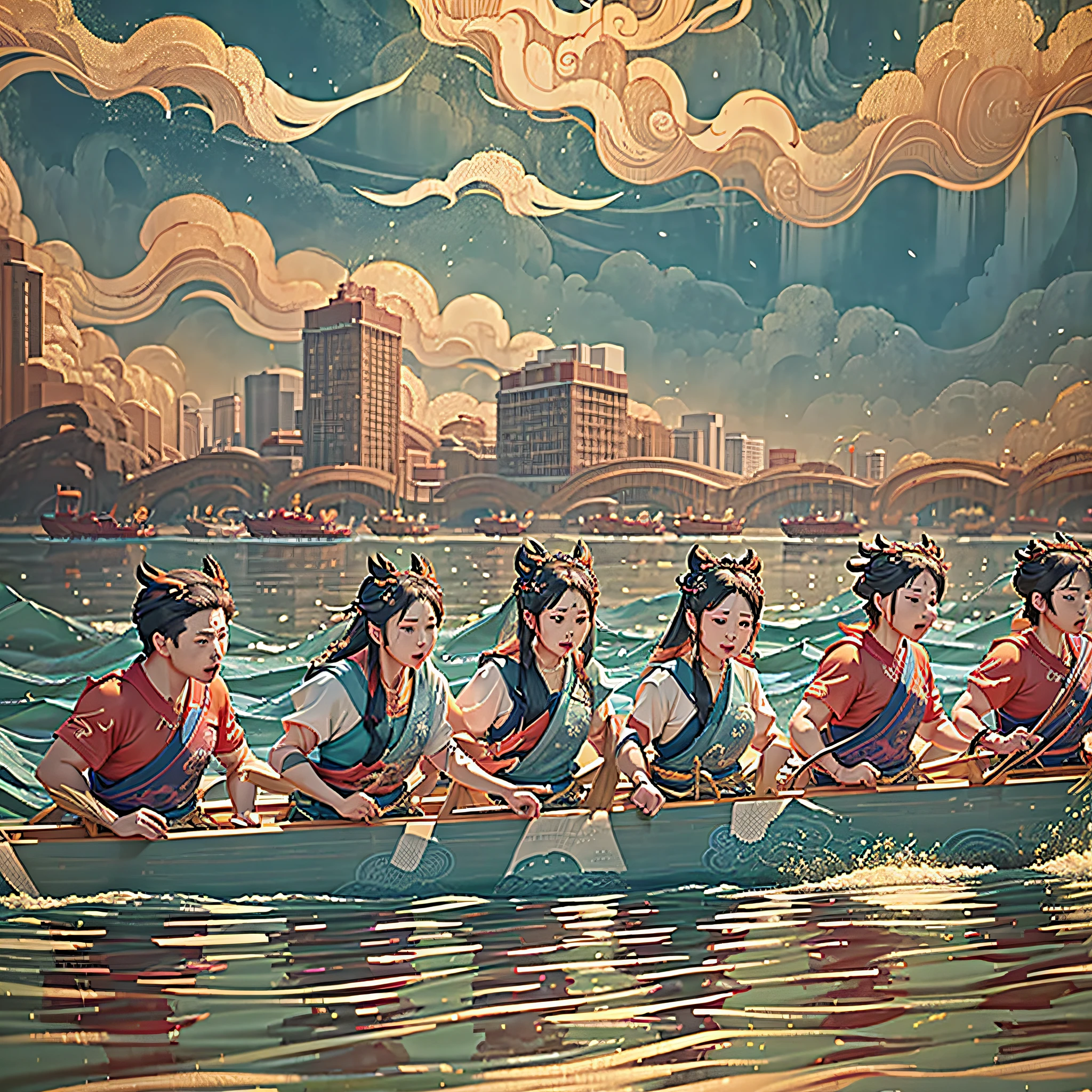 Today is a day of thousands of miles, but also the day of dragon boat racing during the Dragon Boat Festival, the best quality, 4K, blue waves, domineering dragon boats, the wind flies by the ears --auto --s2