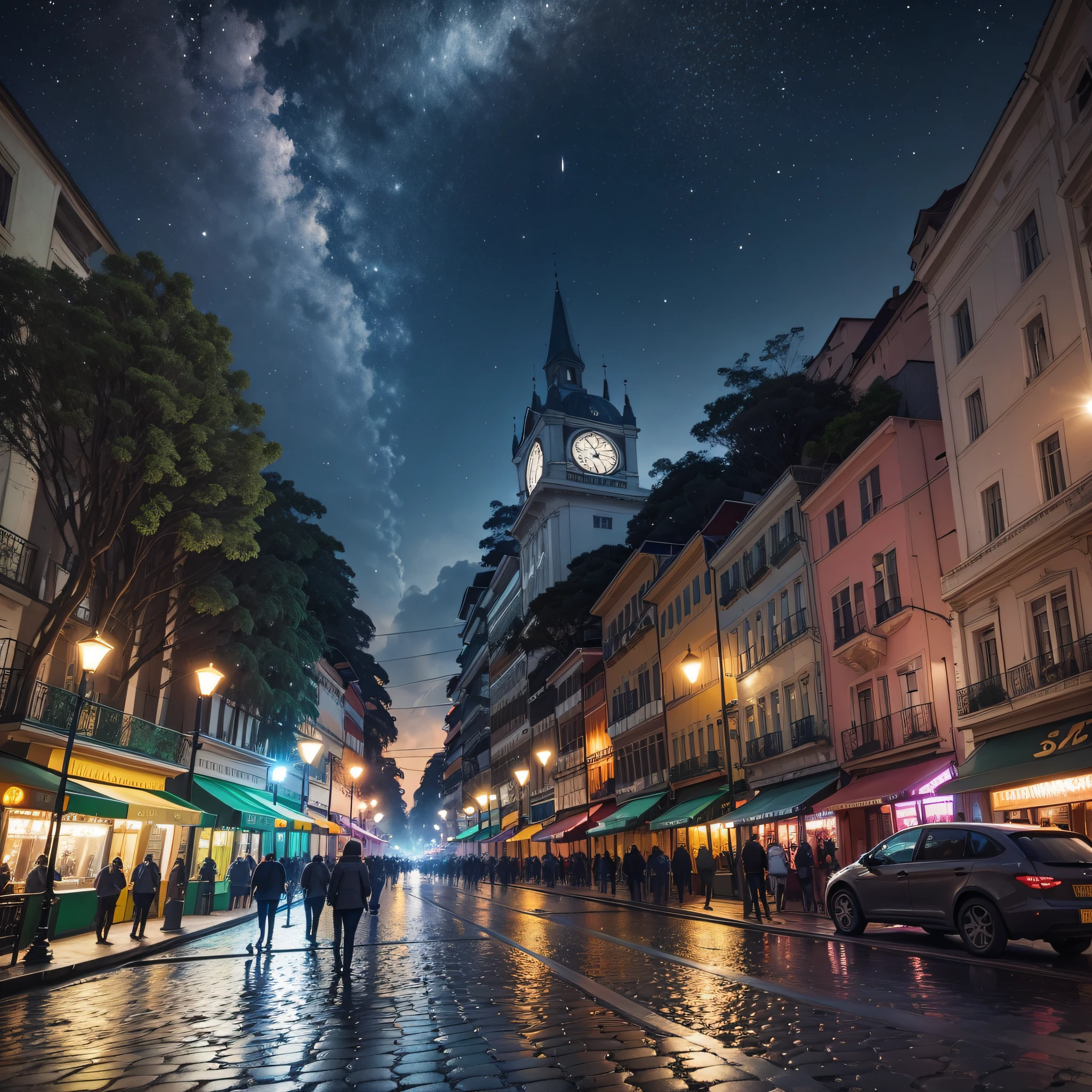 create an image with the following characteristics:
Largo da Ordem in Curitiba
Black sky with stars
Mist in the streets
Atmosphere of mystery and fantasy --auto --s2