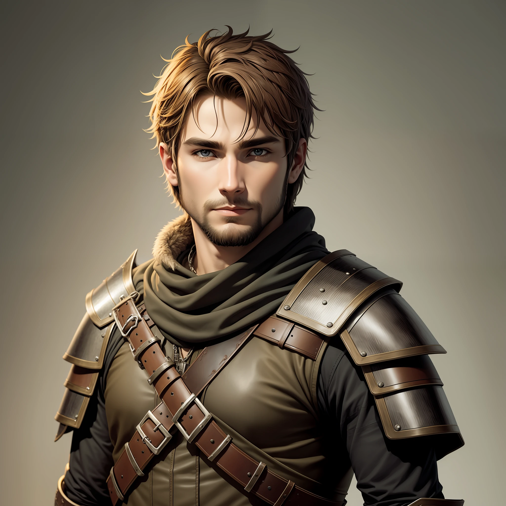 Druid character young man with features of a wolf, wearing a leather Viking armor, short hair