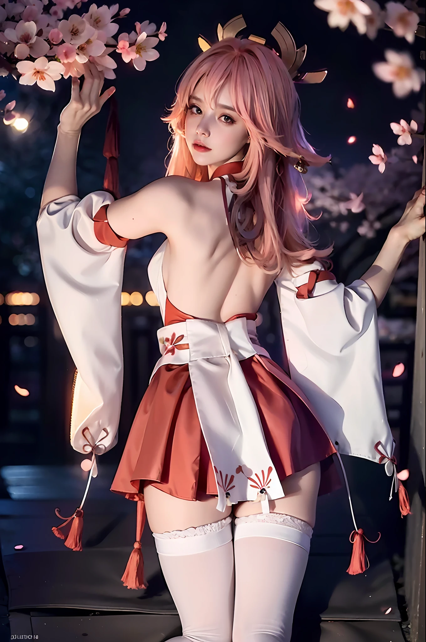 1 girl, super high resolution, (realism, Photo Realism: 1.48), Omertosa, Cute, Background Bokeh, Night, Professional Lighting, Detail Lighting, Photon Mapping, Telemetry, Physically Based Rendering, White Pantyhose, Backlight, Depth of Field, Hard Focus, Dog Ears, Detailed Lighting, (Detailed Hair, Realistic Hair, Realistic Lighting, Realistic Shadows, Realistic Clothing), Realistic Skin, (Gun on the Waist: 1), Realistic Light Reflection from Above, ((Back of the Hand), (Back of the Hand), Bandeau, Sexy, Night, stockings, cherry blossoms, white dress, white dress, full body, Japanese shrine, pink filter