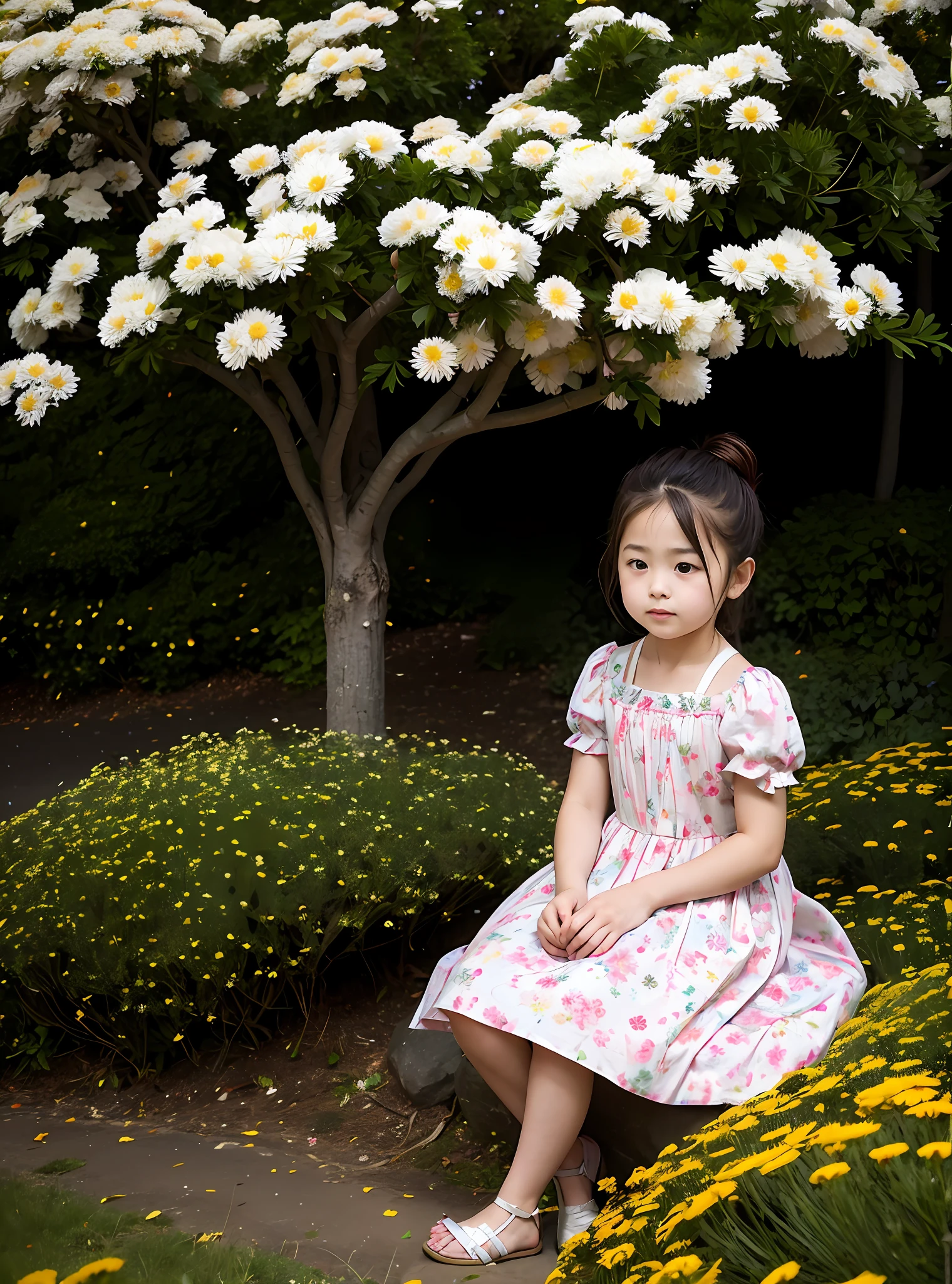 Under a tree on a hillside full of wild chrysanthemums sits a girl wearing a floral dress with a double ponytail