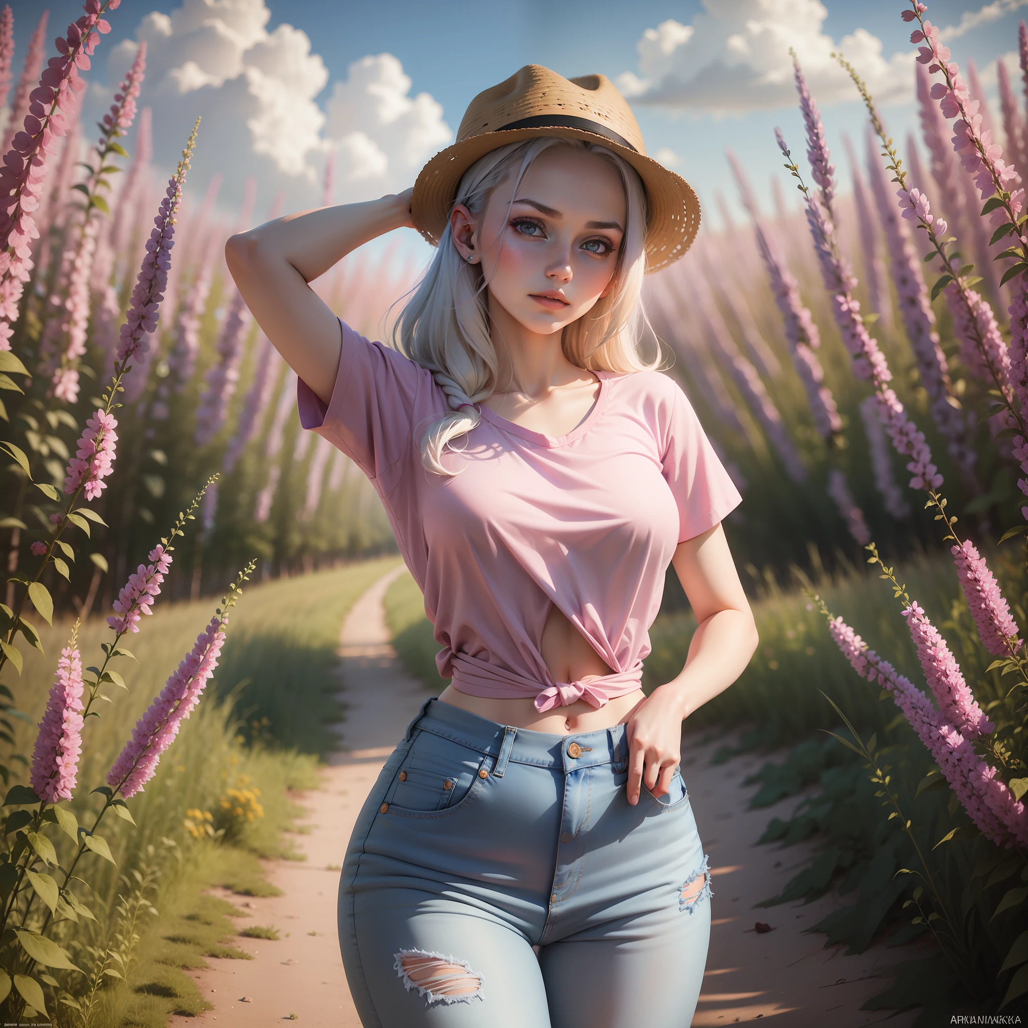 araffes in a pink shirt and blue jeans posing in a field, anna nikonova aka newmilky, photo of slim girl model, skinny waist and thick hips, photo of slim girl, 18 years old, russian girlfriend, good young girl, tight outfit, young and cute girl, casual pose, dasha taran, ekaterina