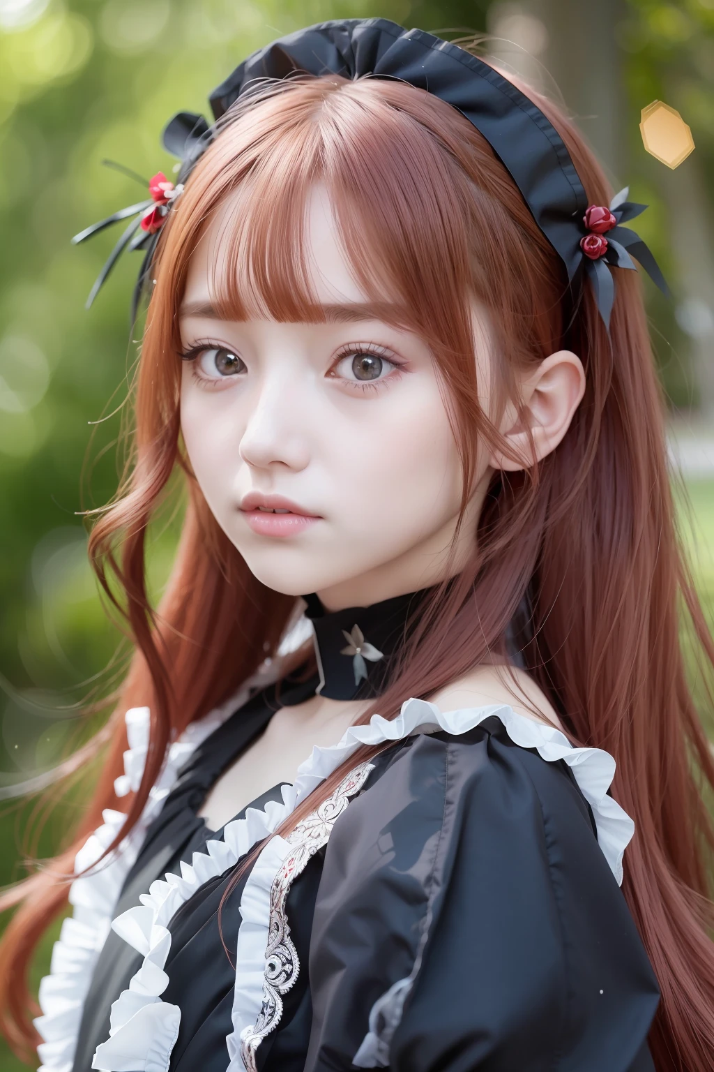 beautiful and detailed girl with beautiful and detailed face with red long hair, a extremely delicate and beautiful girl, anime screencap, Shock sensation, Beautiful detailed girl, upper_body, look_up_to, arms_behind_back, petite, girl,woman,female, ,child,ars olir, hime cut, wept bangs, floating hair, red hair, beautiful detailed hair, Authentic and detailed face, happy, lovely big eyes, silver eyes, beautiful hair ornaments, choker, beautiful detailed black gothic Empire Waist Dress, black_footwear, Flying red petals, Floating, The grass sways in the wind, detailed shadow, artbook, extremely detailed 8K wallpaper, absurdres, highres,
