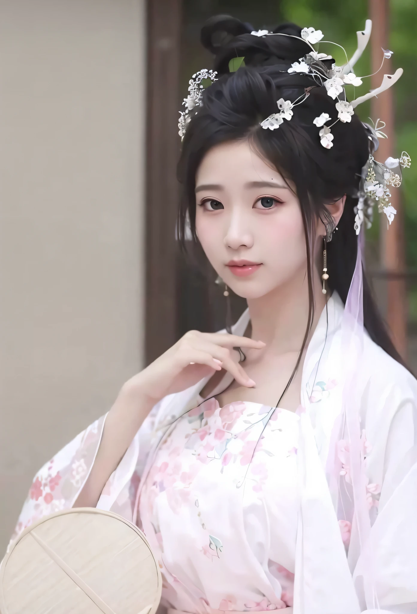 Masterpiece, best quality, official art, very detailed CG unity 8k wallpaper, ridiculous, incredibly ridiculous, huge file size, super detailed, high resolution, very detailed, beautiful detailed girl, very detailed eyes and face, beautiful detailed eyes, movie lighting, 1girl, perspective, looking at the audience, full body, full body photo, outdoors, hands behind your back, (Hanfu)