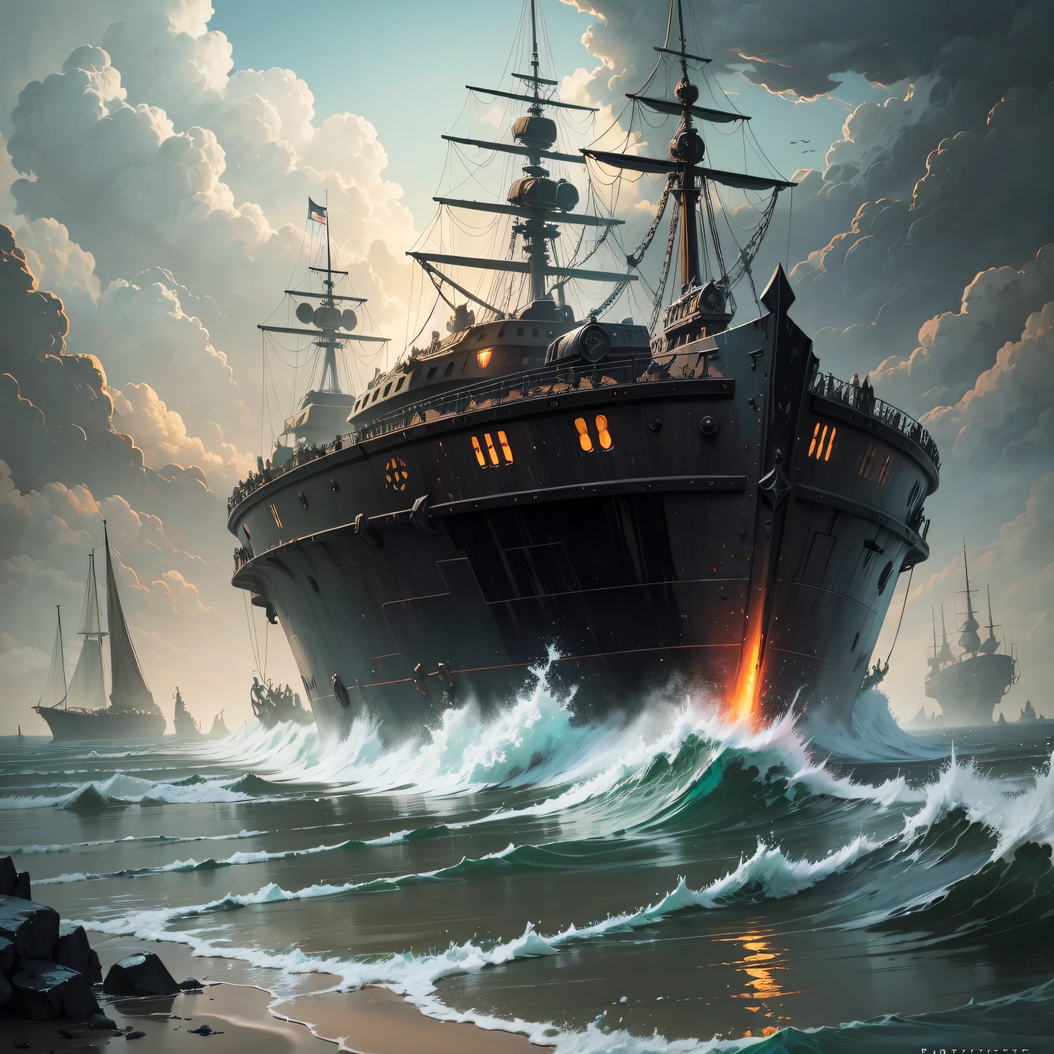 Splatter Paint in Vincent Di Fate style of (Barghest:1.3) of Quicksand exploring, Sunken Ship, Epic, Fragile, award-winning, Tones of Black --auto --s2