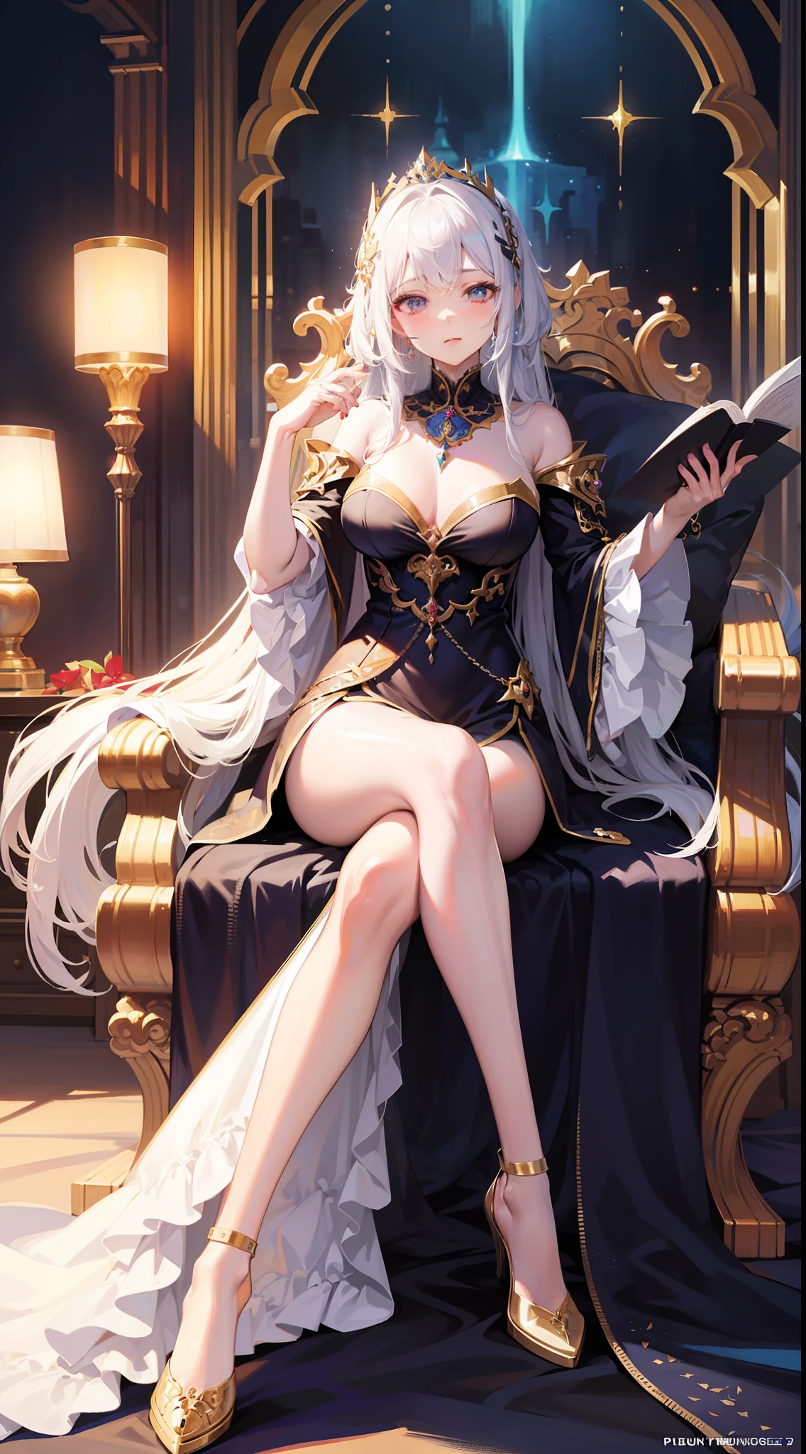 Anime - Style image of woman sitting in chair in gorgeous dress, beautiful fantasy queen, ((beautiful fantasy queen)), 8k high quality detail art, Guweiz on ArtStation Pixiv, Best Art Station on FanArt, Royal Elegant Pose, Guweiz on Pixiv Art Station, Extremely detailed Artgerm, Seductive anime girl, White-haired deity