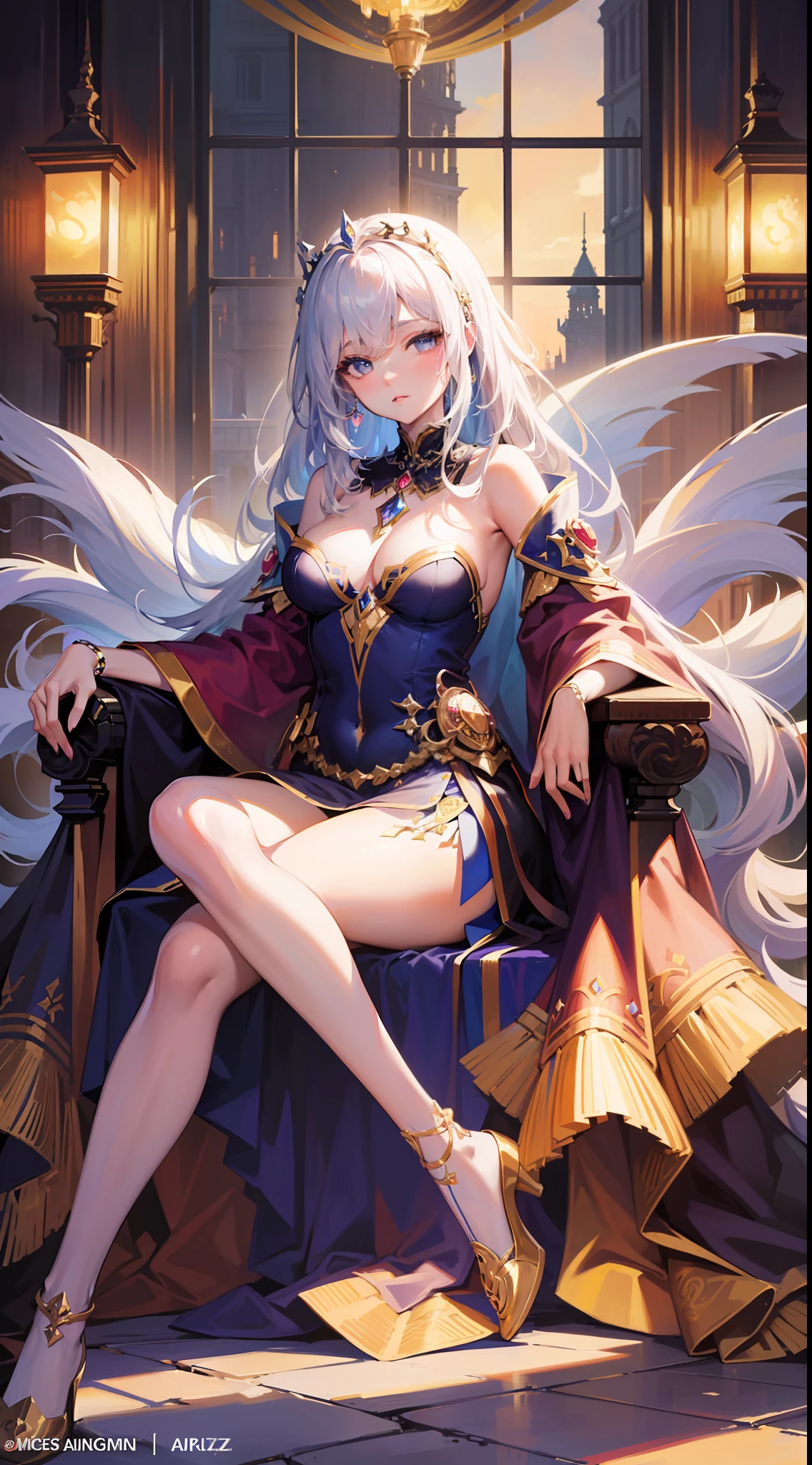 Anime - Style image of woman sitting in chair in gorgeous dress, beautiful fantasy queen, ((beautiful fantasy queen)), 8k high quality detail art, Guweiz on ArtStation Pixiv, Best Art Station on FanArt, Royal Elegant Pose, Guweiz on Pixiv Art Station, Extremely detailed Artgerm, Seductive anime girl, White-haired deity