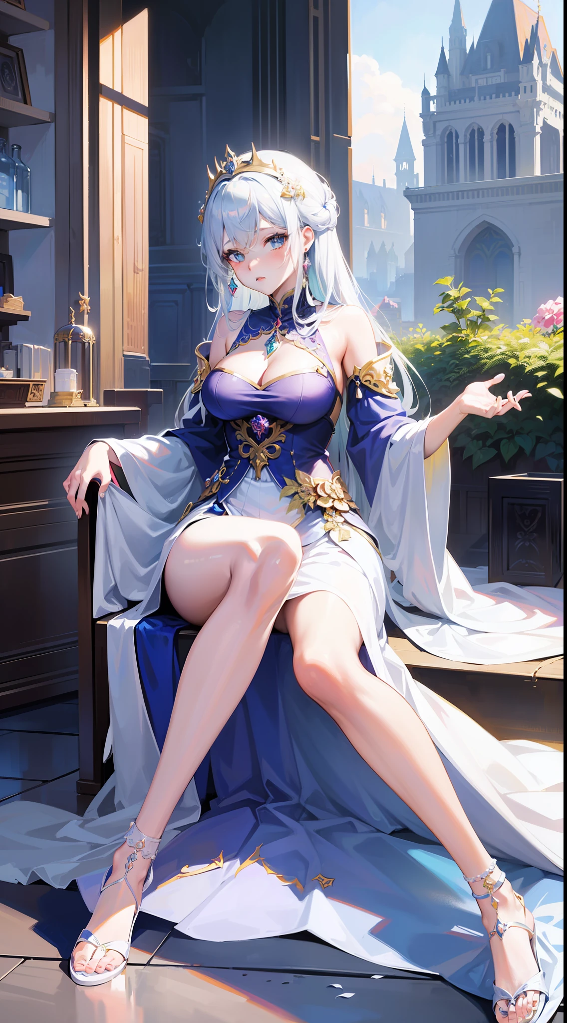 Anime - Style image of woman sitting in chair in gorgeous dress, beautiful fantasy queen, ((beautiful fantasy queen)), 8k high quality detail art, Guweiz on ArtStation Pixiv, Best Art Station on FanArt, Royal Elegant Pose, Guweiz on Pixiv Art Station, Extremely detailed Artgerm, Seductive anime girl, White-haired deity