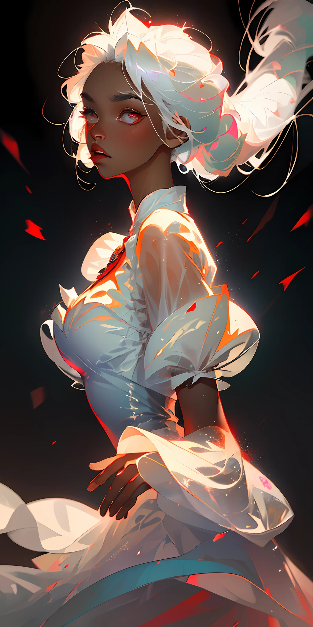 (Best quality, masterpiece), super high resolution, fluorescent color,
((messy hairstyle)), standing for photos, ((white hair)), red eyes, soft shirt, silver starlight dress, particles