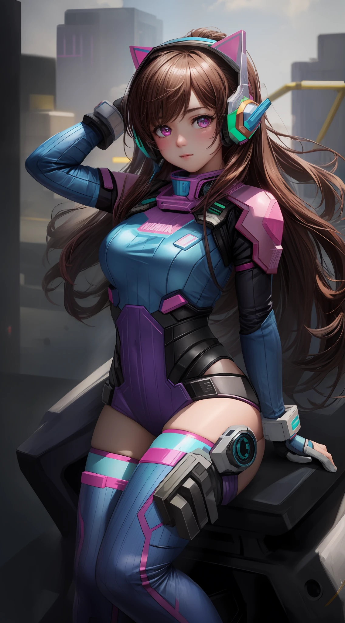Masterpiece, Best Quality, High Resolution, 1Girl, Ultra High Resolution, Solo, Mecha Pilot, D.VA, Headphones, Pink Eyes, Cat Face Adornament, Blue Tights, Brown Hair, White Gloves,