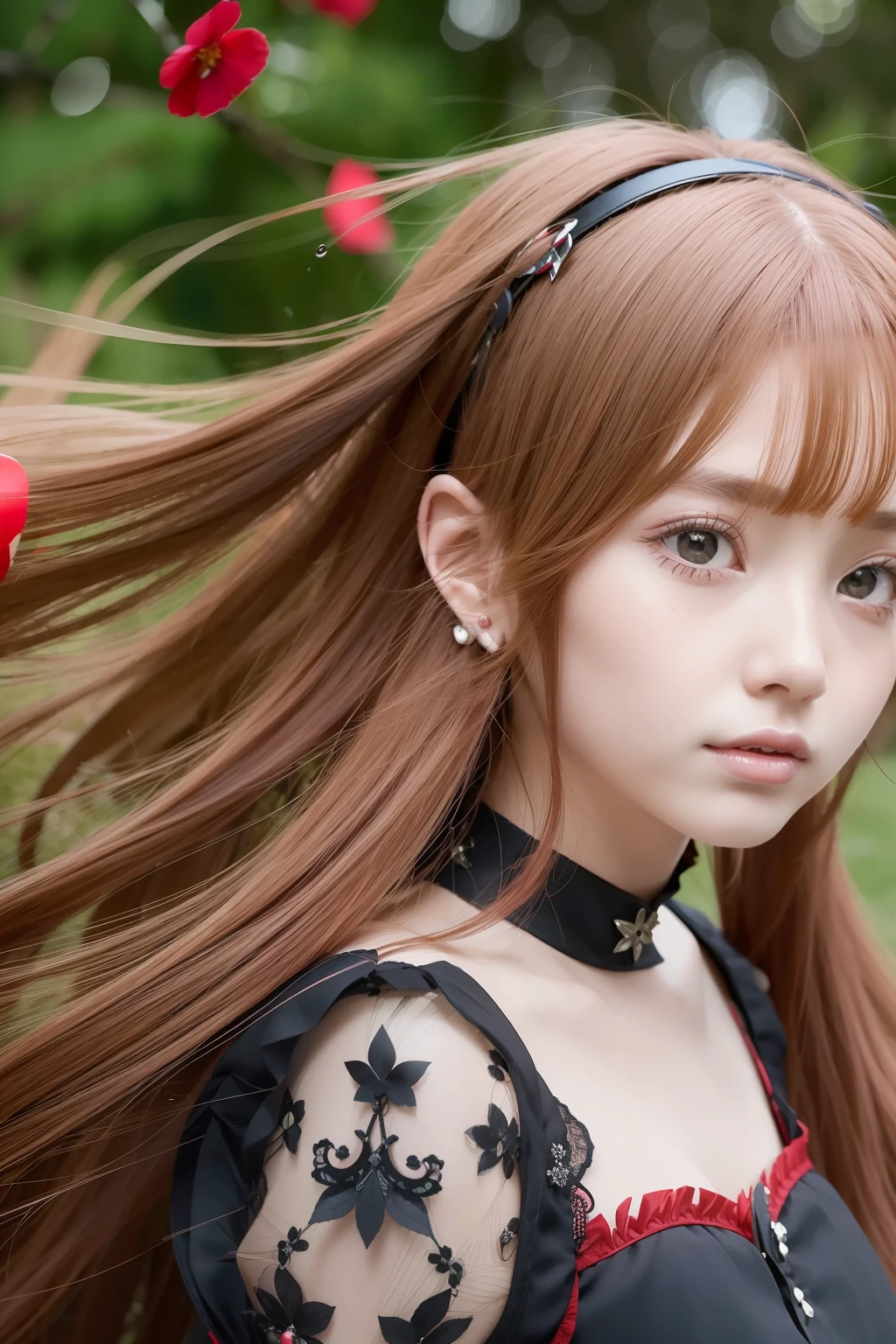 beautiful and detailed girl with beautiful and detailed face with red long hair, a extremely delicate and beautiful girl, anime screencap, Shock sensation, Beautiful detailed girl, upper_body, look_up_to, arms_behind_back, petite, girl,woman,female, little,child,10 years old, medium hair, hime cut, wept bangs, floating hair, red hair, beautiful detailed hair, Authentic and detailed face, happy, lovely big eyes, silver eyes, beautiful hair ornaments, choker, beautiful detailed black gothic Empire Waist Dress, black_footwear, Flying red petals, Floating, The grass sways in the wind, detailed shadow, artbook, extremely detailed 8K wallpaper, absurdres, highres,