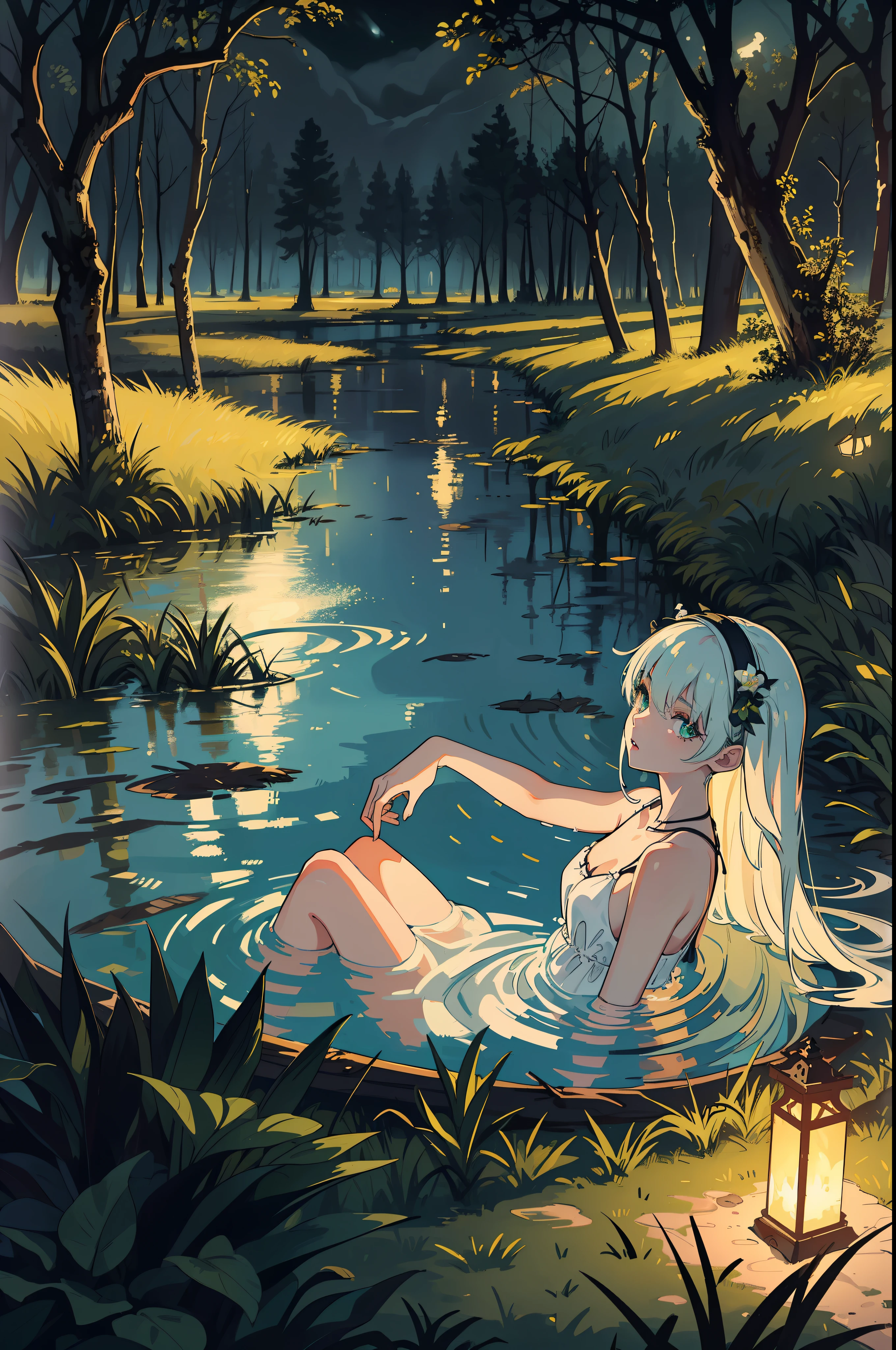 Ultra-detailed, 1girl, Masterpiece, best_quality, side view, from side, pretty, young, beauty, wonder, stunning, attractive, dark forest, swamp, pond, (dark atmosphere, night:1.4), scenery, bathing, sexy, (partially submerged:1.4), soak in swamp, see-throught white dress, dirt, dirty,
