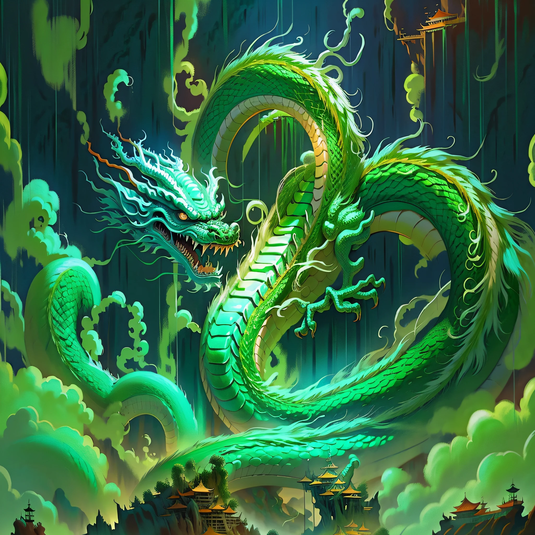 there is a dragon that is sitting on a bridge, green dragon, cyan chinese dragon fantasy, massive green dragon!!!, chinese dragon concept art, shenron, digital painting of quetzalcoatl, colossal dragon as background, quetzalcoatl, majestic japanese dragon, smooth chinese dragon, highly detailed digital painting, dragon art, digital painting highly detailed