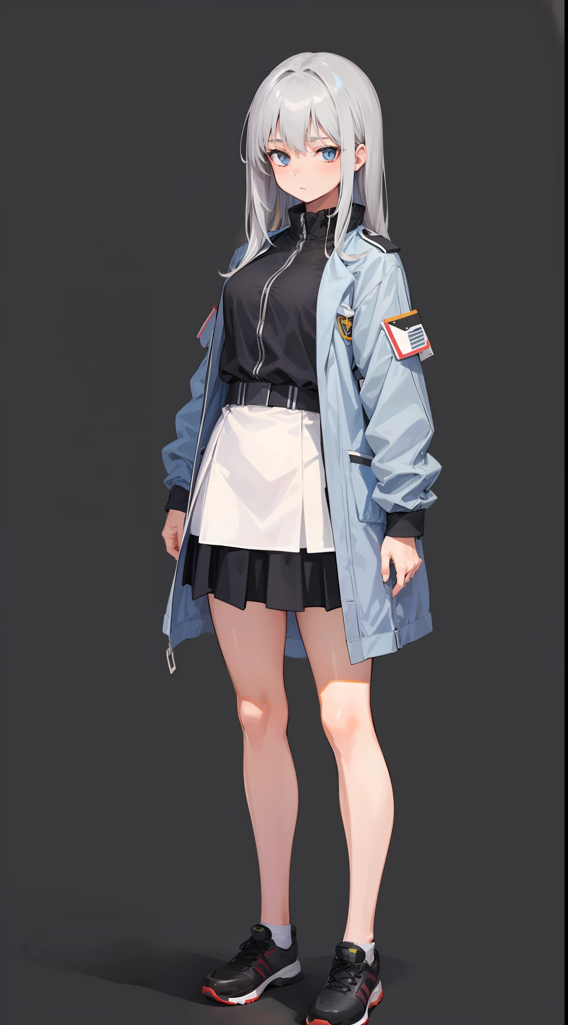 1 girl, full body, uniform, high quality, high resolution, gray hair, simple background