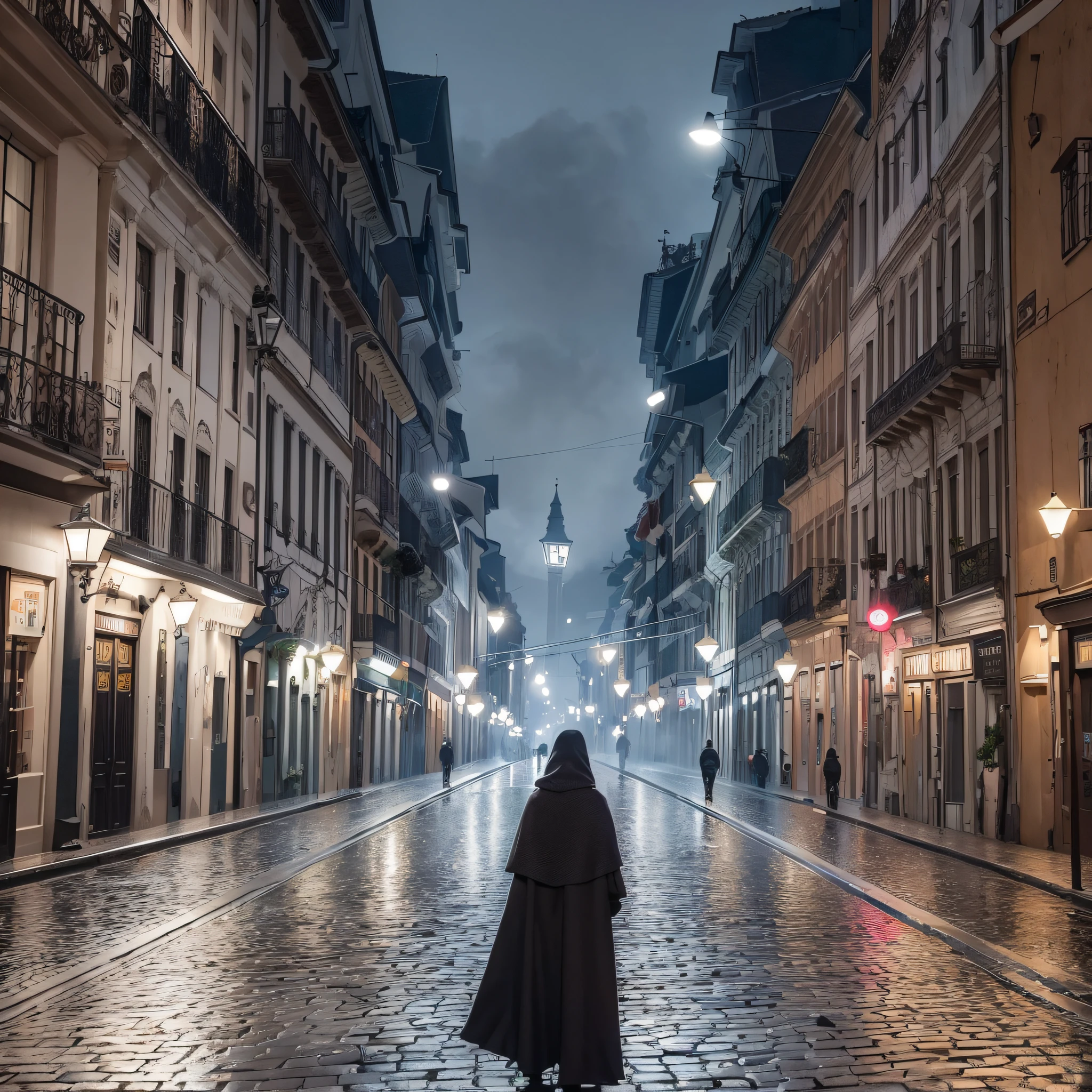 Please create a realistic illustration with the following characteristics:
Largo da Ordem in Curitiba.
Black sky with heavy fog.
Completely empty streets.
Medieval architecture.
Dark atmosphere, mystery, and fantasy. --auto --s2