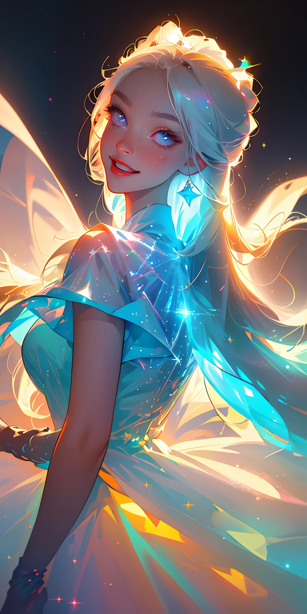 (Best quality, masterpiece), super high resolution, fluorescent color,
1 girl, looking at the audience, beautiful face, smiling eyes, upper body, shiny hair, shiny skin, glowing white starlight dress, particles