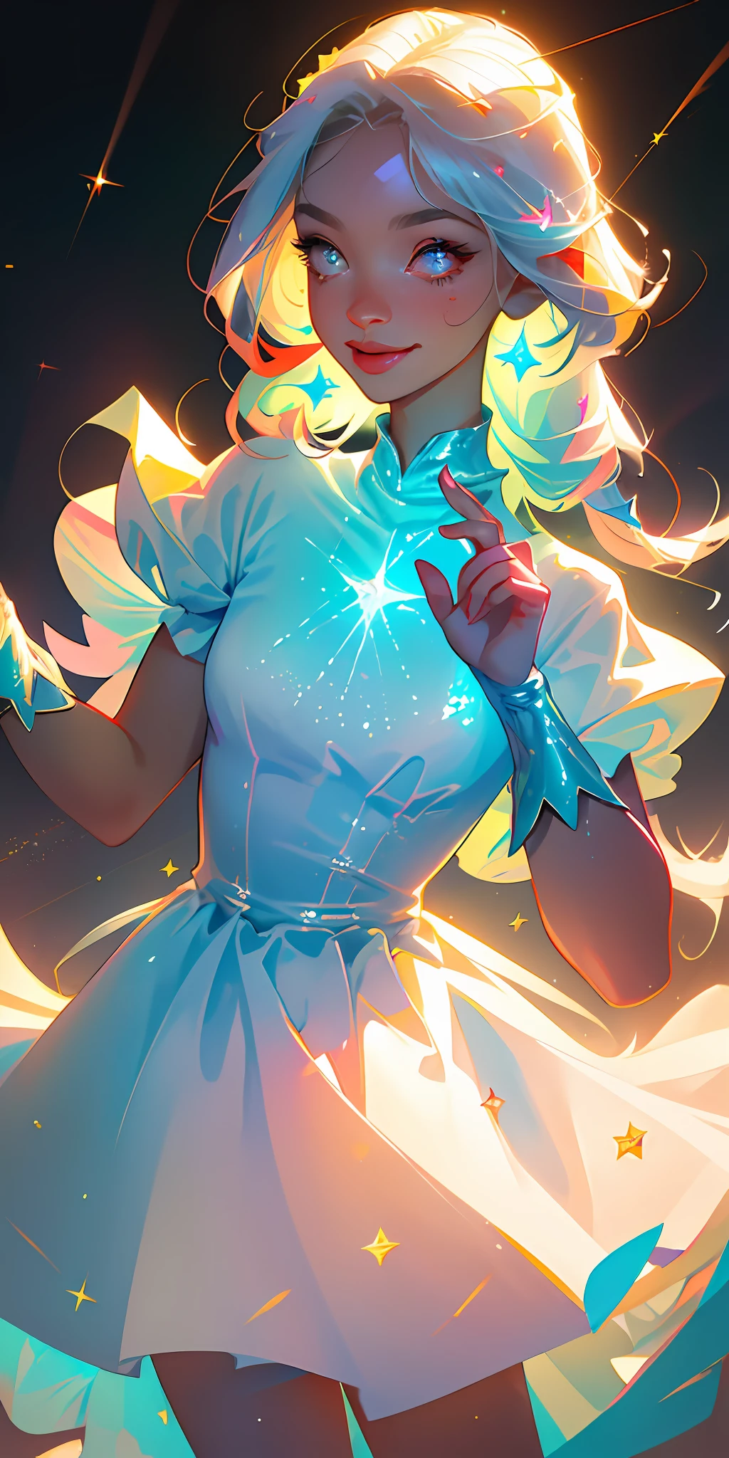(Best quality, masterpiece), super high resolution, fluorescent color,
1 girl, looking at the audience, beautiful face, smiling eyes, upper body, shiny hair, shiny skin, glowing and eating multicolored glowing ice cream, white starlight dress, particles