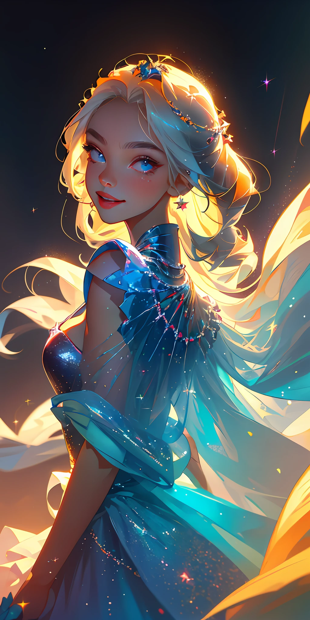 (Best quality, masterpiece), super high resolution, fluorescent color,
1 girl, looking at the audience, beautiful face, smiling eyes, upper body, shiny hair, shiny skin, glowing white starlight dress, particles