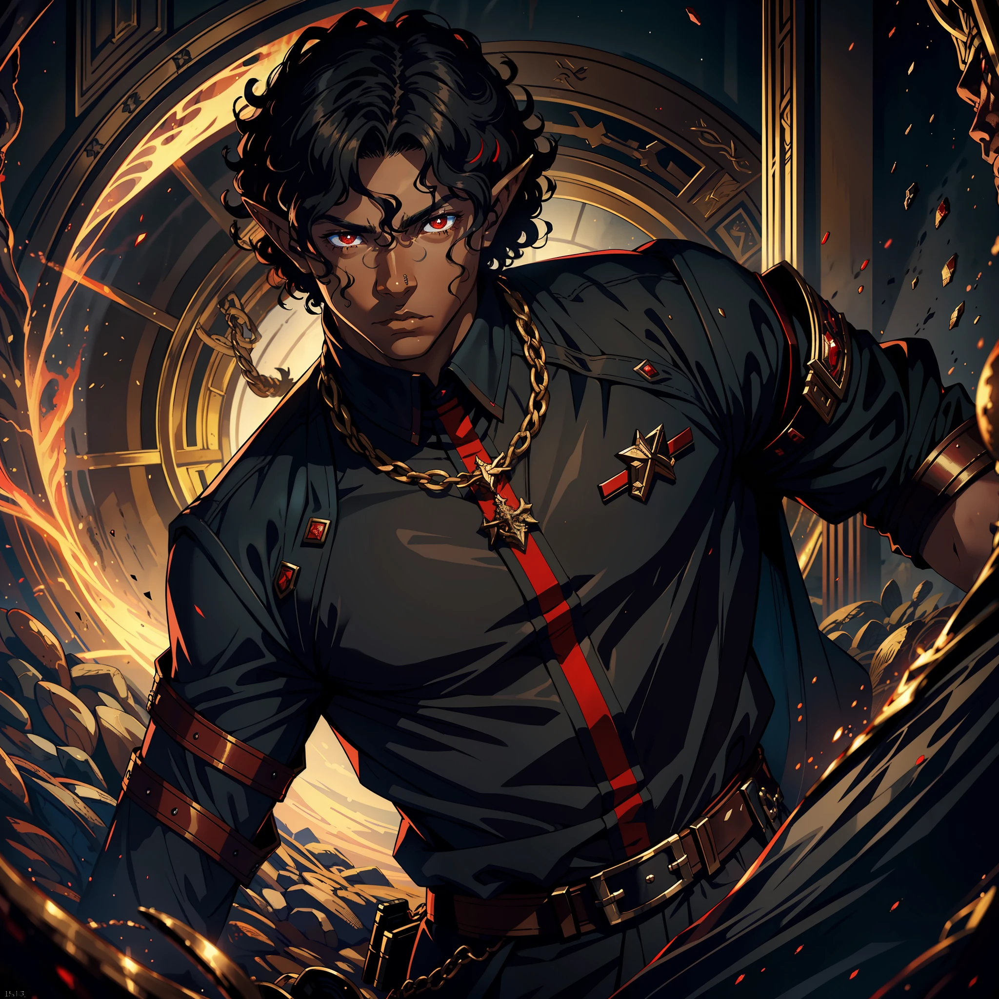 ((realistic: 1.5)),((best quality)), ((masterpiece)),((detailed)), man, black skin colored, young, curly hair, red pupils,demon, focus on face, serious look, elf orelahs, war general's outfit, desert city